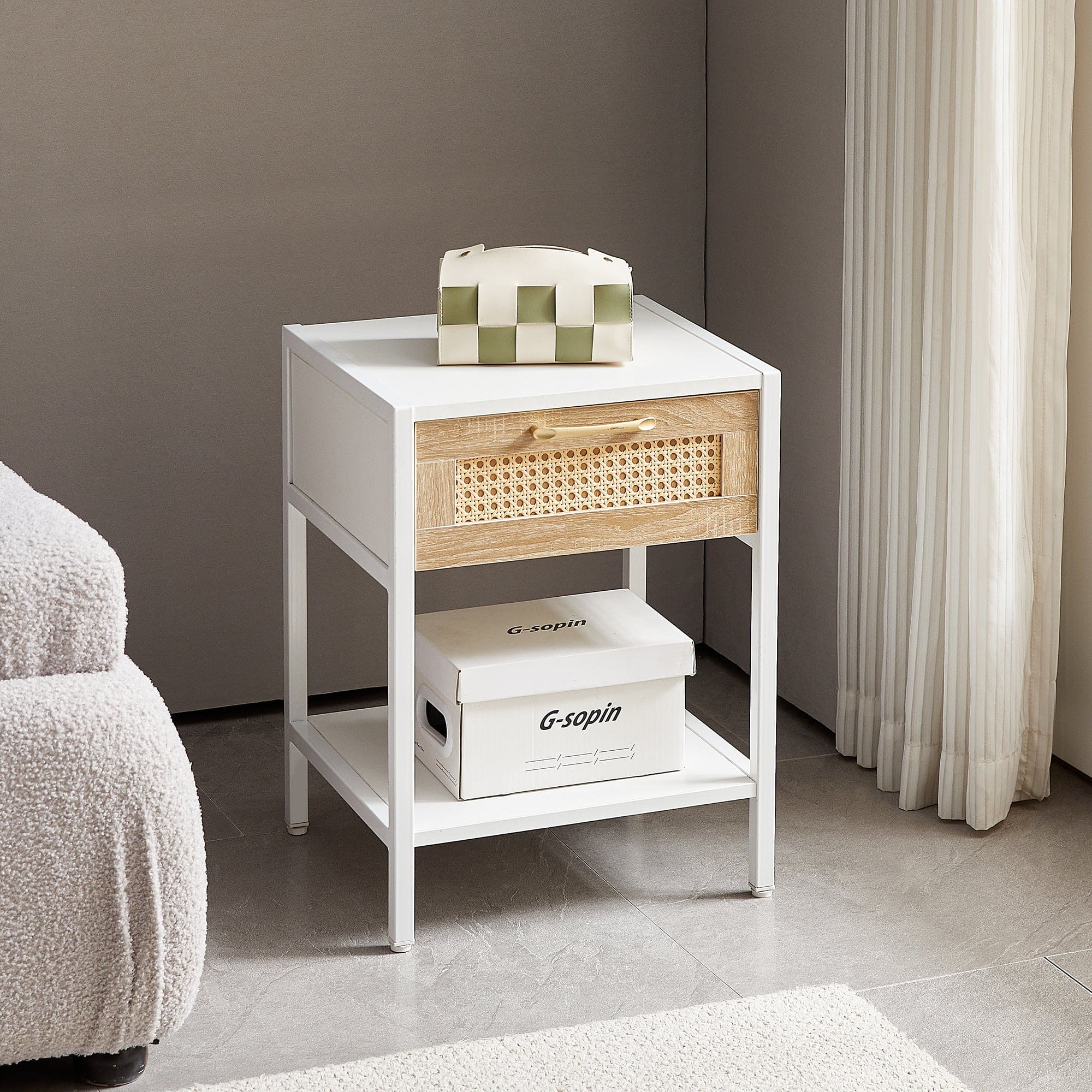 15.74" Rattan End table with  drawer, Modern nightstand, metal legs,side table for living room, bedroom,white(1 pc)