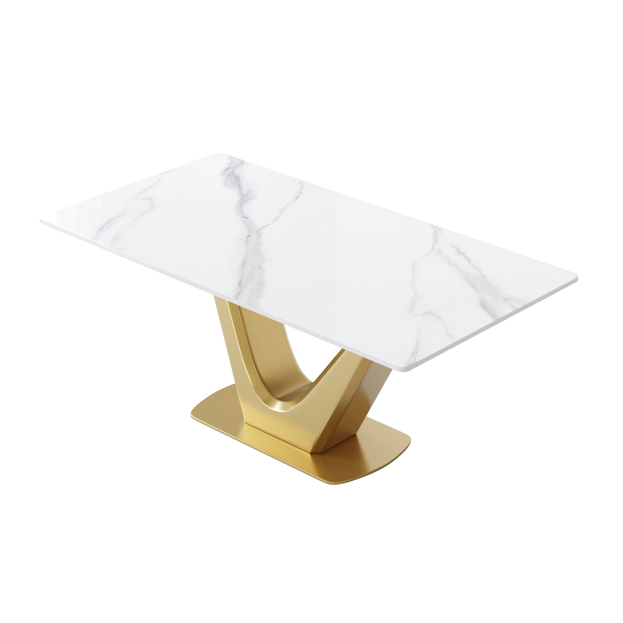 63 "modern artificial stone white panel golden V-shaped metal legs-can accommodate 6-8 people.