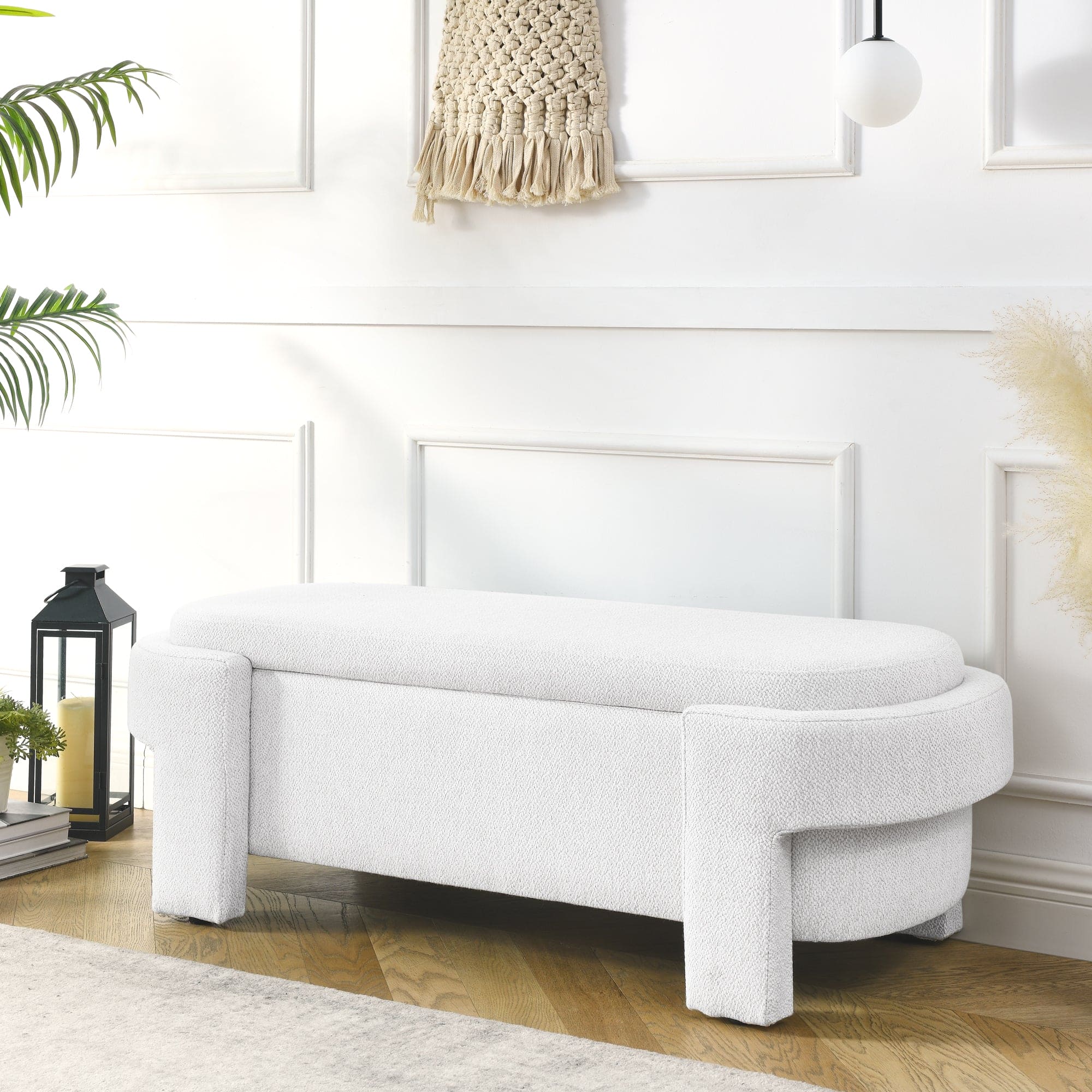 Linen Fabric Upholstered Bench with Large Storage Space for the Living Room, Entryway and Bedroom,White,( 51.5''x20.5''x17'' )