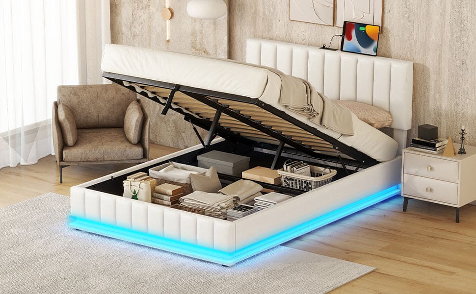 Full Size Upholstered Bed with Hydraulic Storage System and LED Light, Modern Platform Bed with Sockets and USB Ports, White