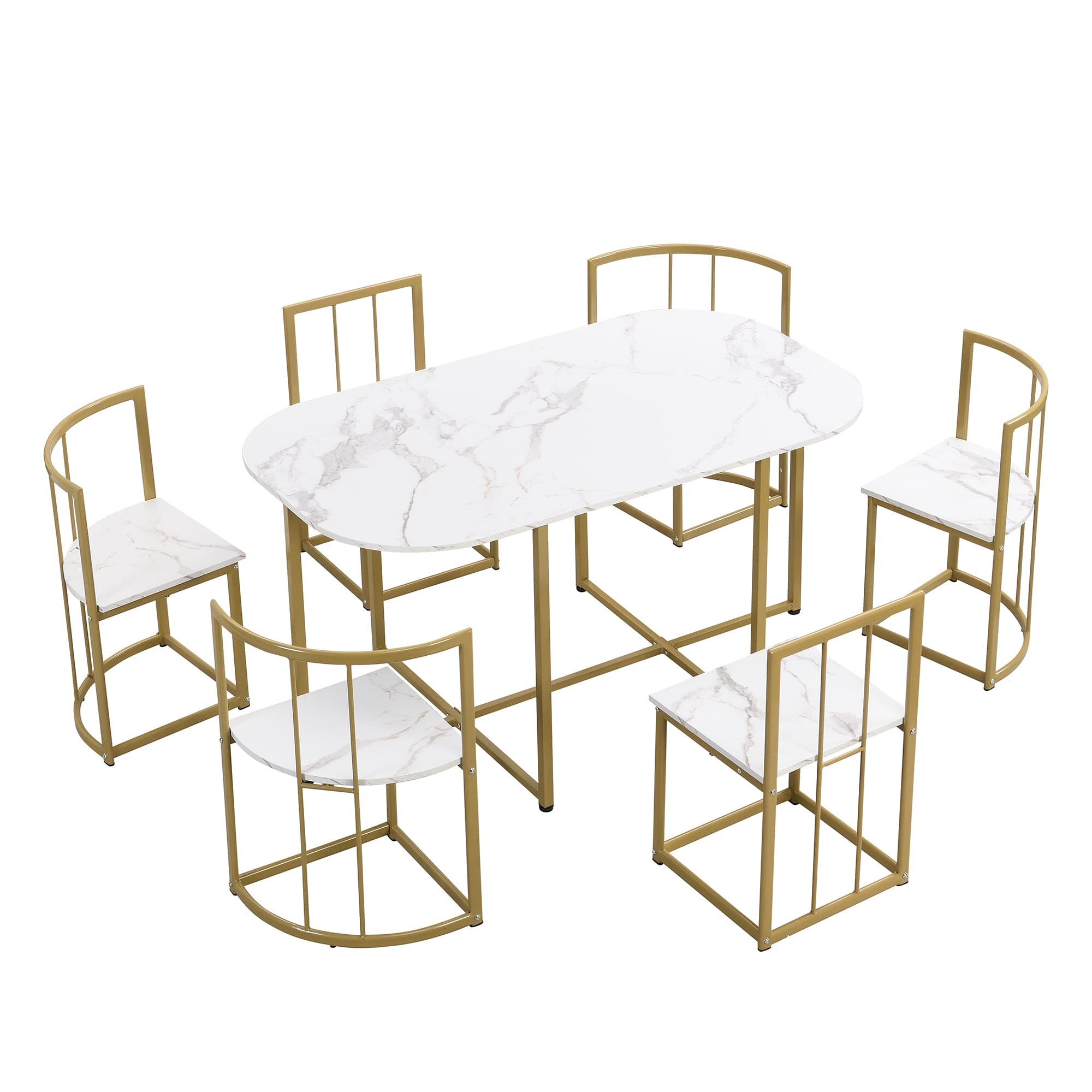 TOPMAX Modern 7-Piece Dining Table Set with Faux Marble Compact 55Inch Kitchen Table Set for 6, Golden+White