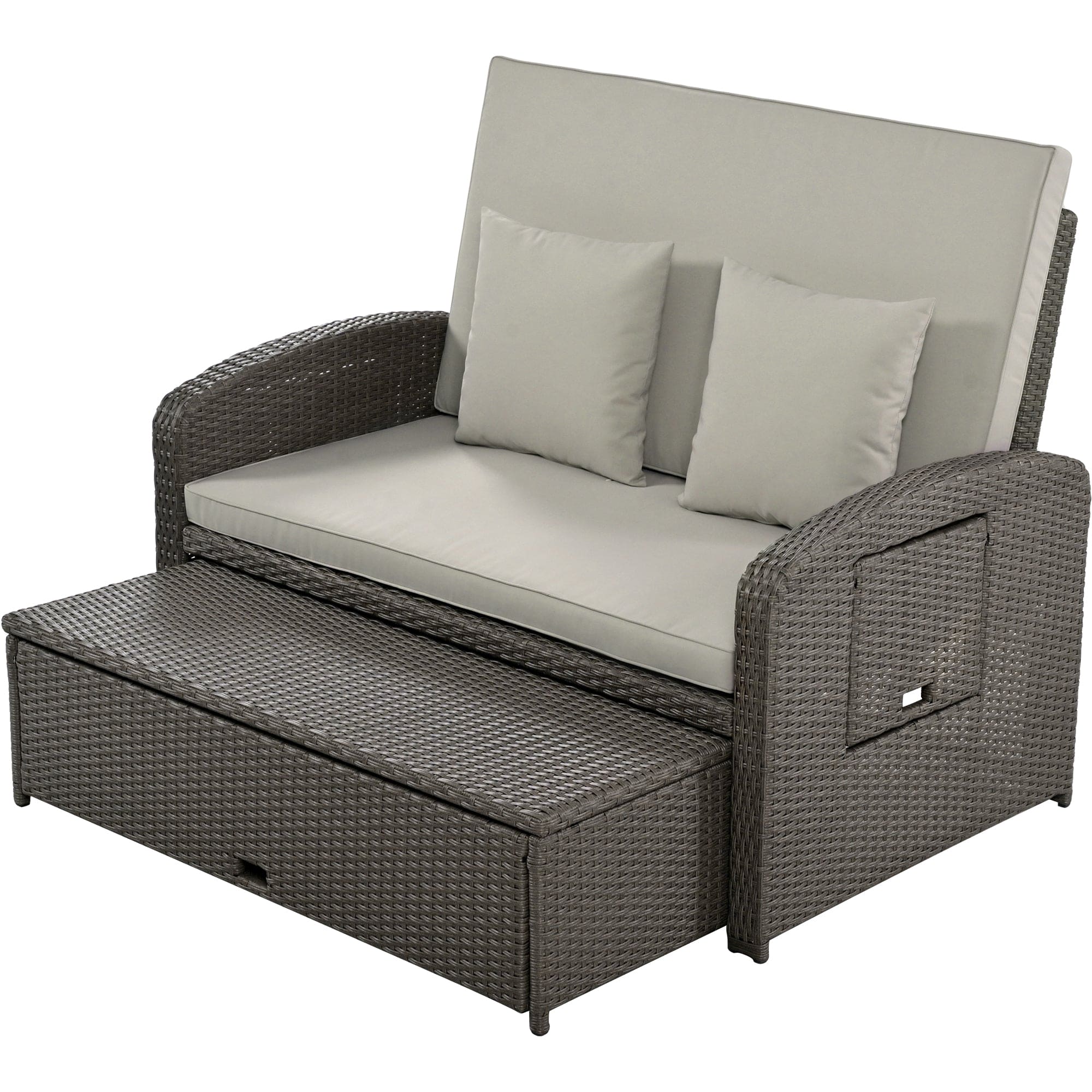 TOPMAX PE Wicker Rattan Double Chaise Lounge, 2-Person Reclining Daybed with Adjustable Back and Cushions, Free Furniture Protection Cover,Gray