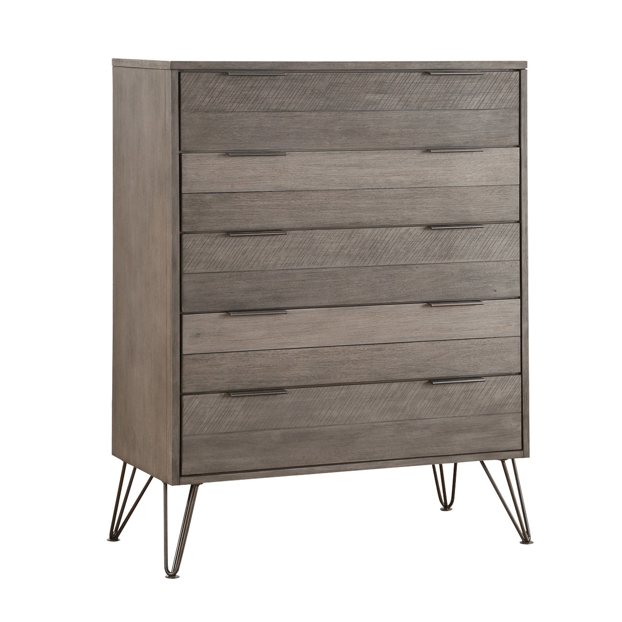 Contemporary Three-Tone Gray Finish Chest of Drawers Perched atop Metal Legs Acacia Veneer Modern Bedroom Furniture