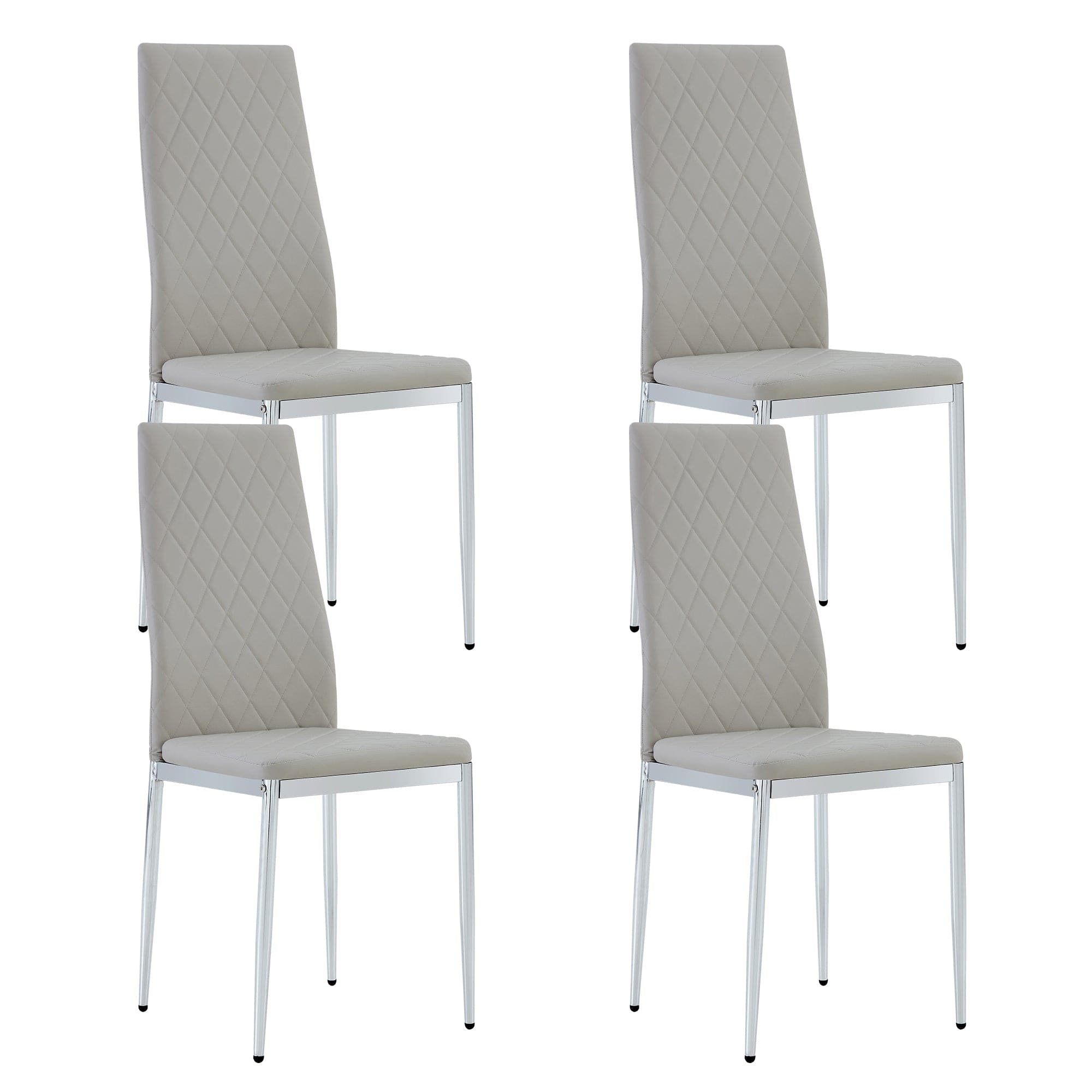 4-piece set of checkered armless high back dining chairs, office chairs. Suitable for restaurants, living rooms, kitchens, and offices. Light gray chairs and electroplated metal legs  0924