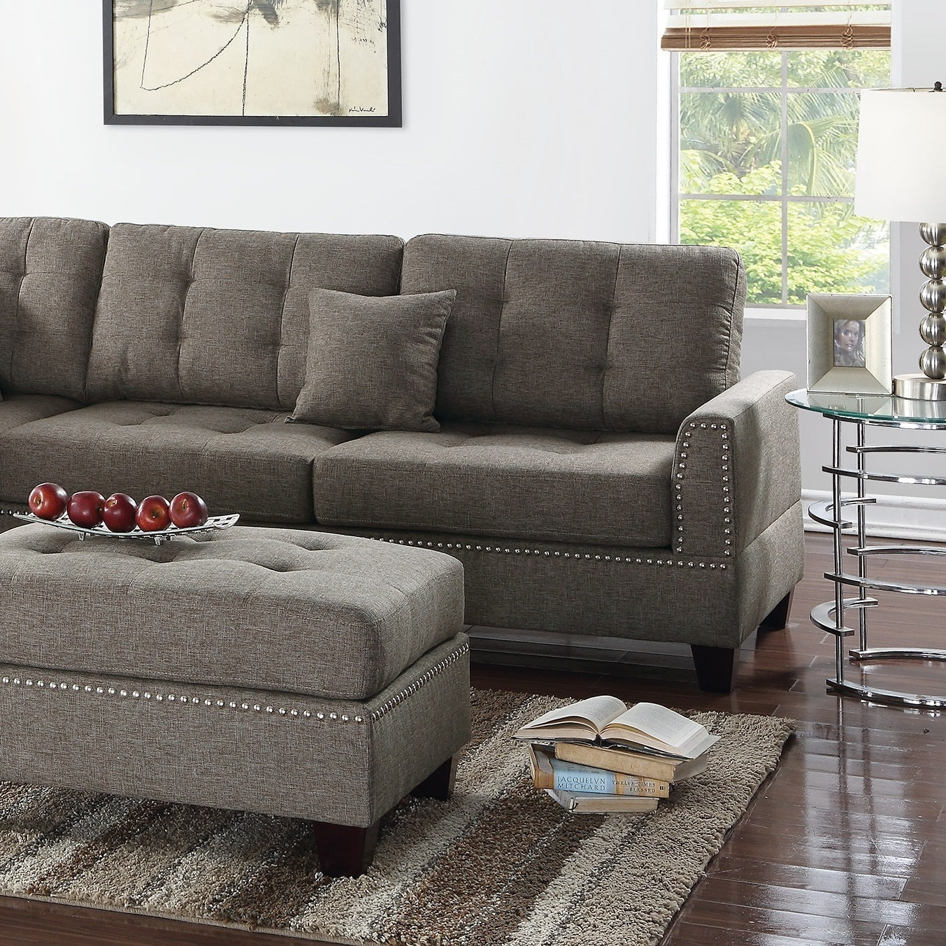 Modern Coffee Color 3pcs Sectional Living Room Furniture Reversible Chaise Sofa And Ottoman Tufted Polyfiber Linen Like Fabric Cushion Couch Pillows