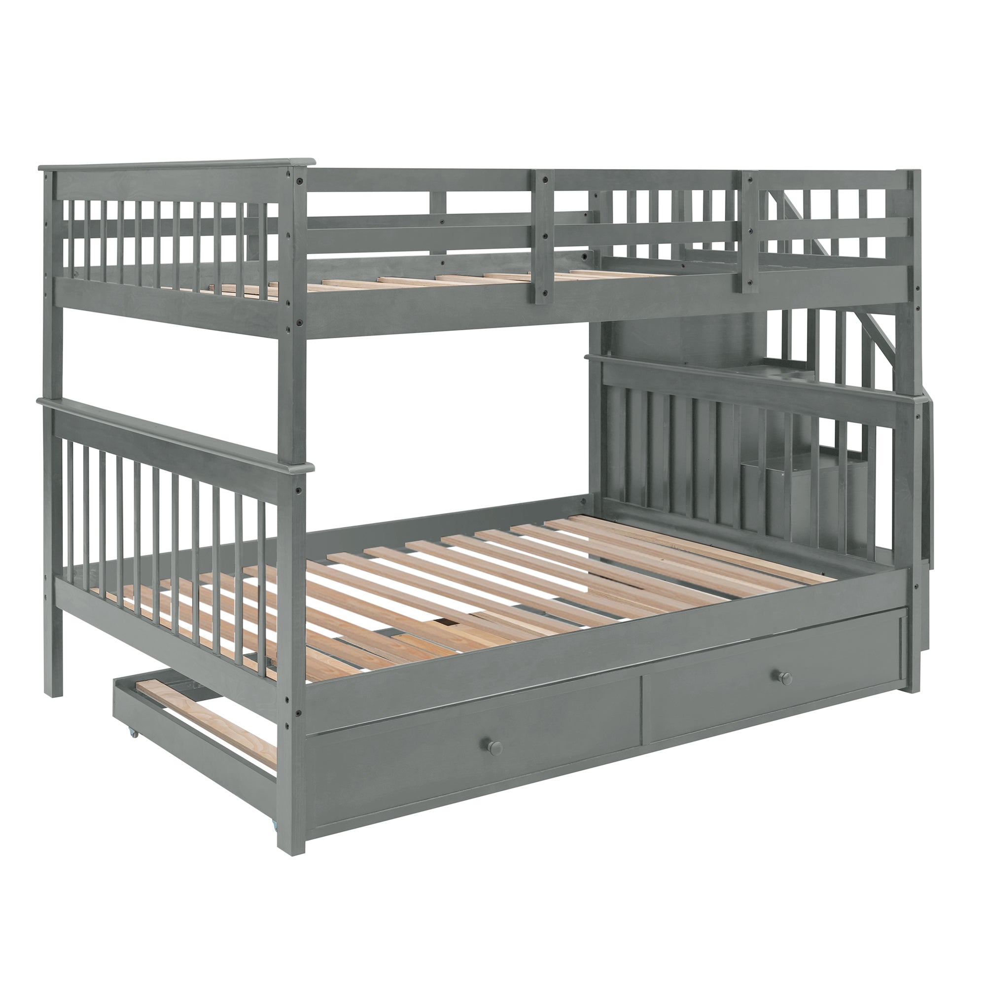 Stairway Full-Over-Full Bunk Bed with Twin size Trundle, Storage and Guard Rail for Bedroom, Dorm - Gray(OLD SKU :LP001210AAE)