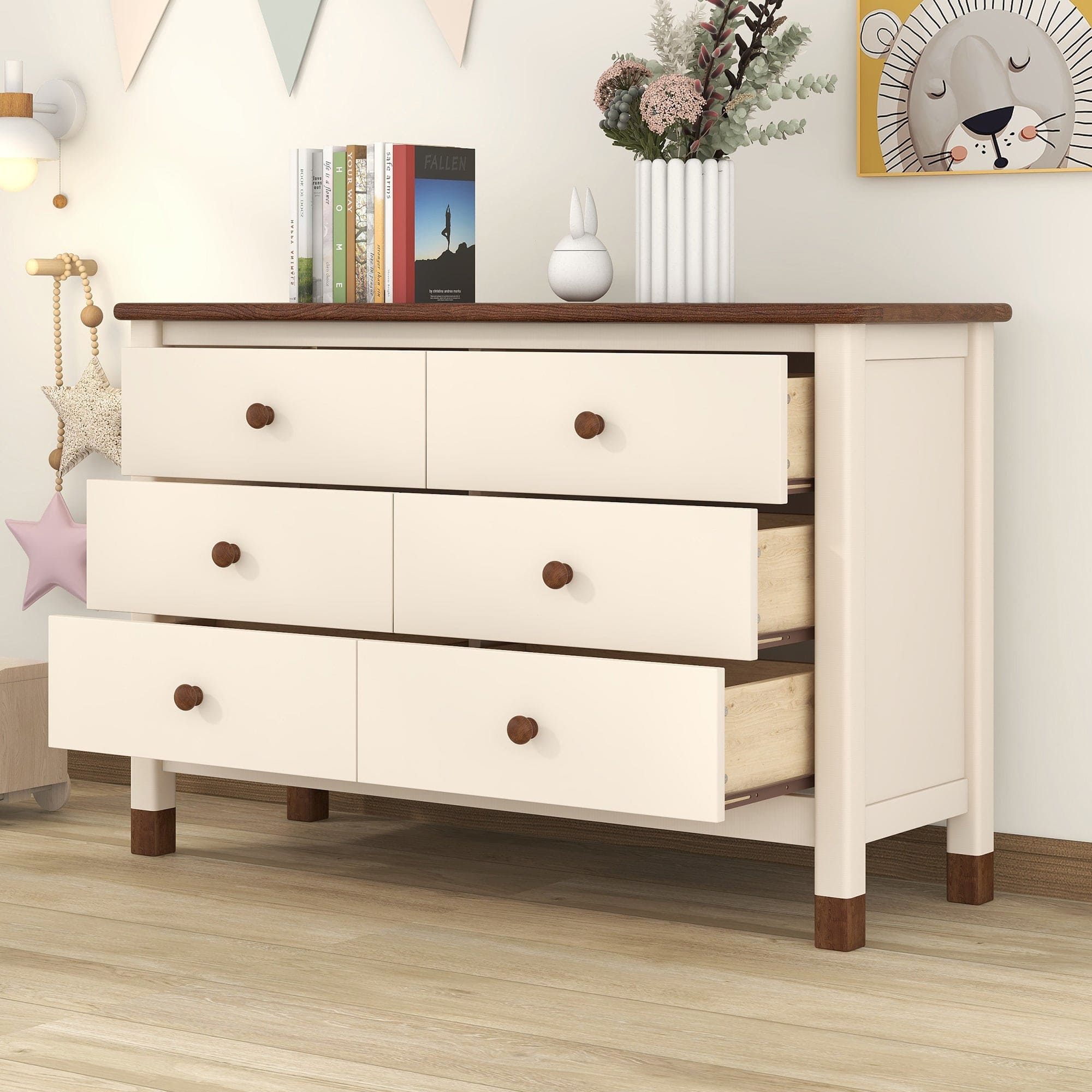 Wooden Storage Dresser with 6 Drawers,Storage Cabinet for kids Bedroom,Cream+Walnut