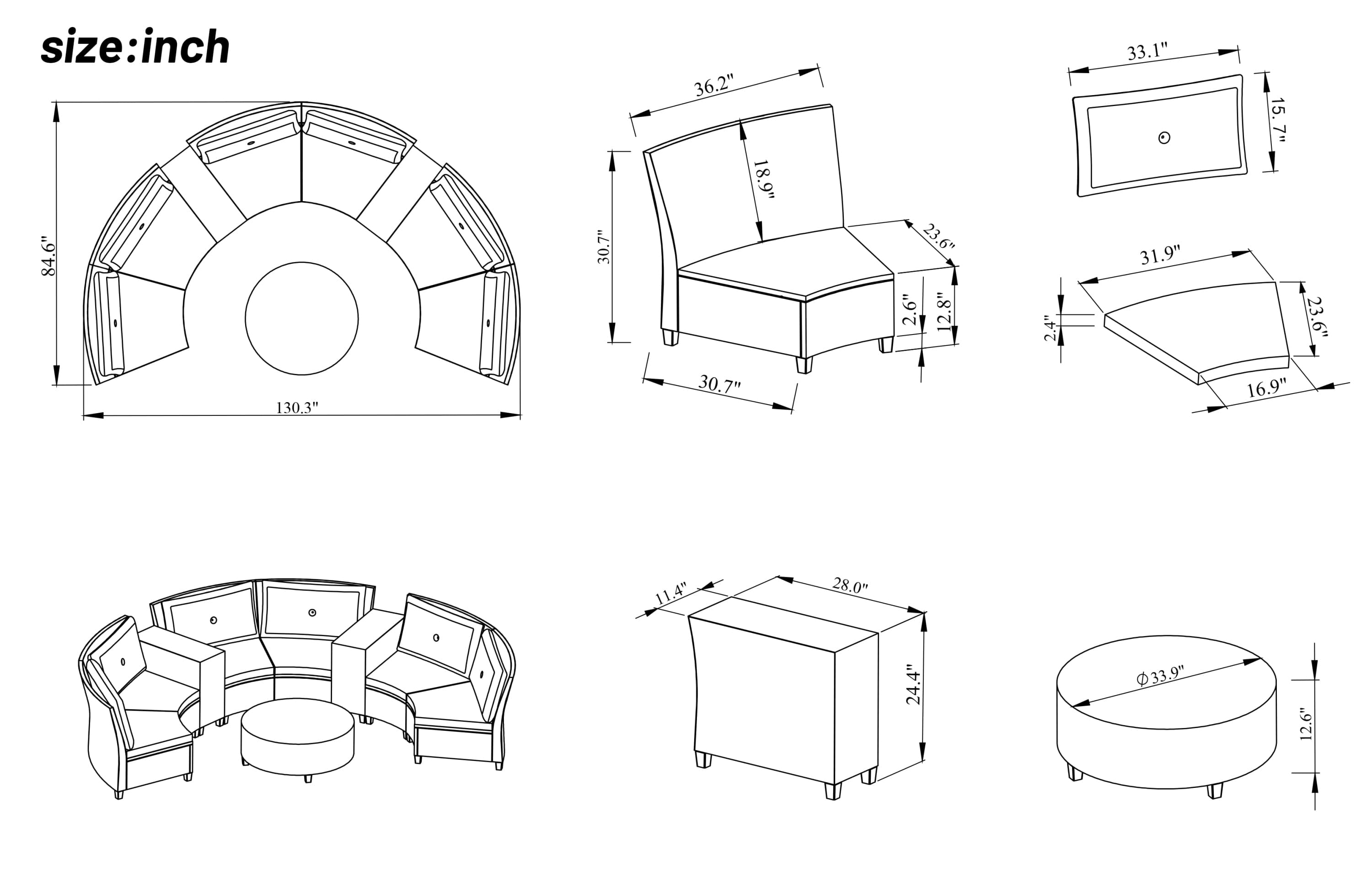 [VIDEO provided]U_Style 6 - Person Fan-shaped Rattan Suit Combination with Cushions and Table,Suitable for Garden