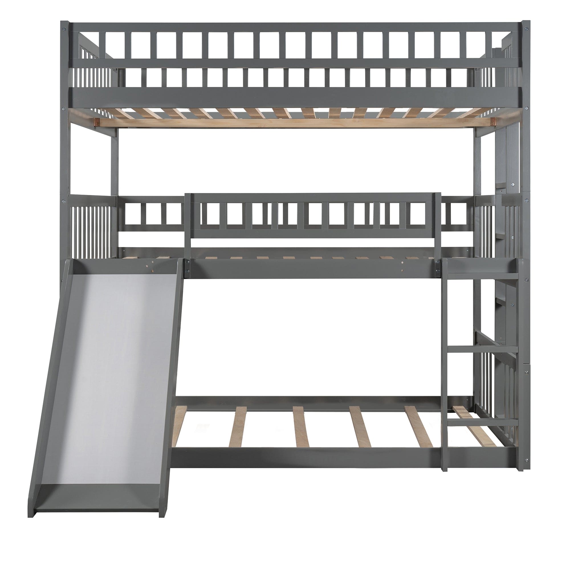 Full-Over-Full-Over-Full Triple Bed with Built-in Ladder and Slide , Triple Bunk Bed with Guardrails, Gray(OLD SKU :LP000052AAE)