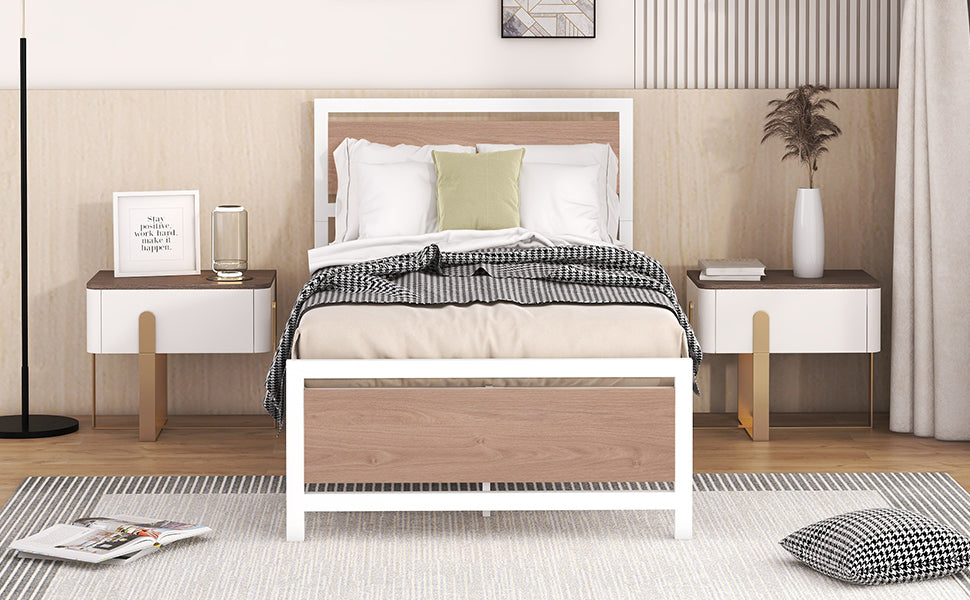 Twin Size Platform Bed, Metal and Wood Bed Frame with Headboard and Footboard , White