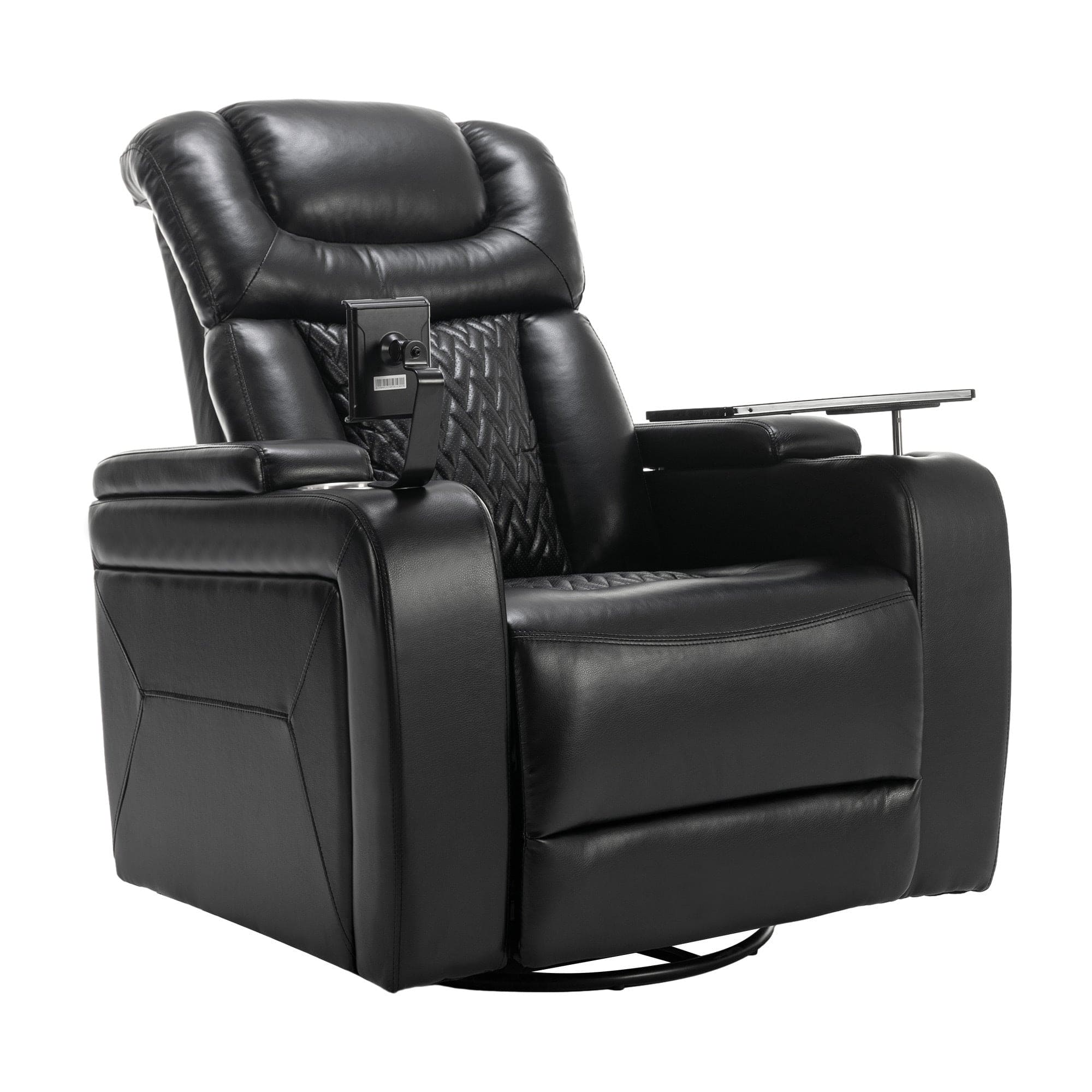 270 Degree Swivel PU Leather Power Recliner Individual Seat Home Theater Recliner with  Comforable Backrest, Tray Table,  Phone Holder, Cup Holder,  USB Port, Hidden Arm Storage for Living Room, Black