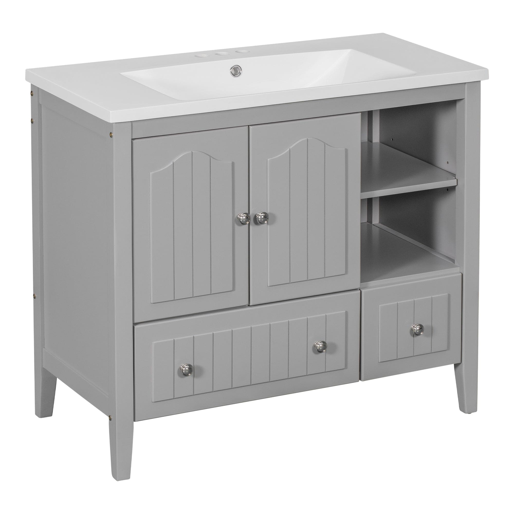 [VIDEO] 36" Bathroom Vanity with Ceramic Basin, Bathroom Storage Cabinet with Two Doors and Drawers, Solid Frame, Metal Handles, Grey (OLD SKU: JL000003AAE)