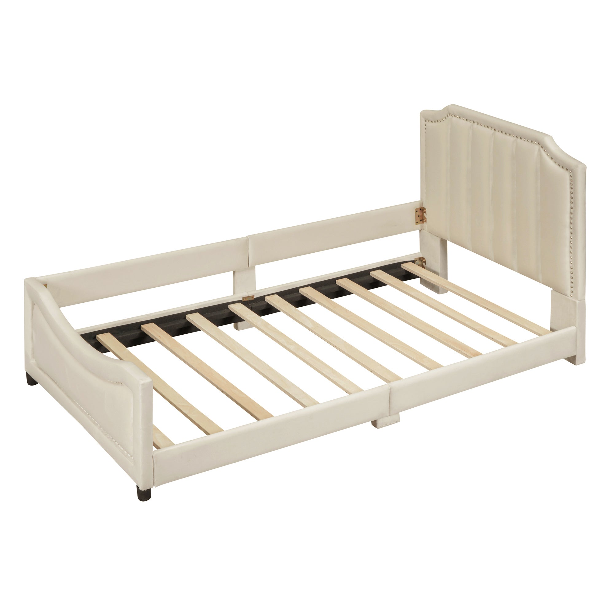 Twin Size Upholstered Daybed with Classic Stripe Shaped  Headboard, Beige