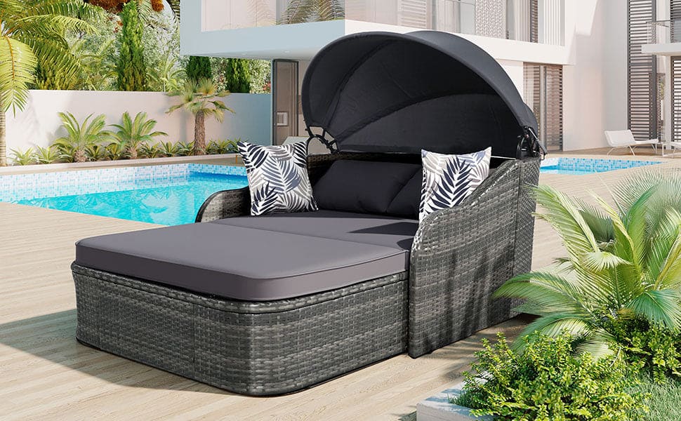 GO 79.9" Outdoor Sunbed with Adjustable Canopy, Double lounge, PE Rattan Daybed, Gray Wicker And Cushion