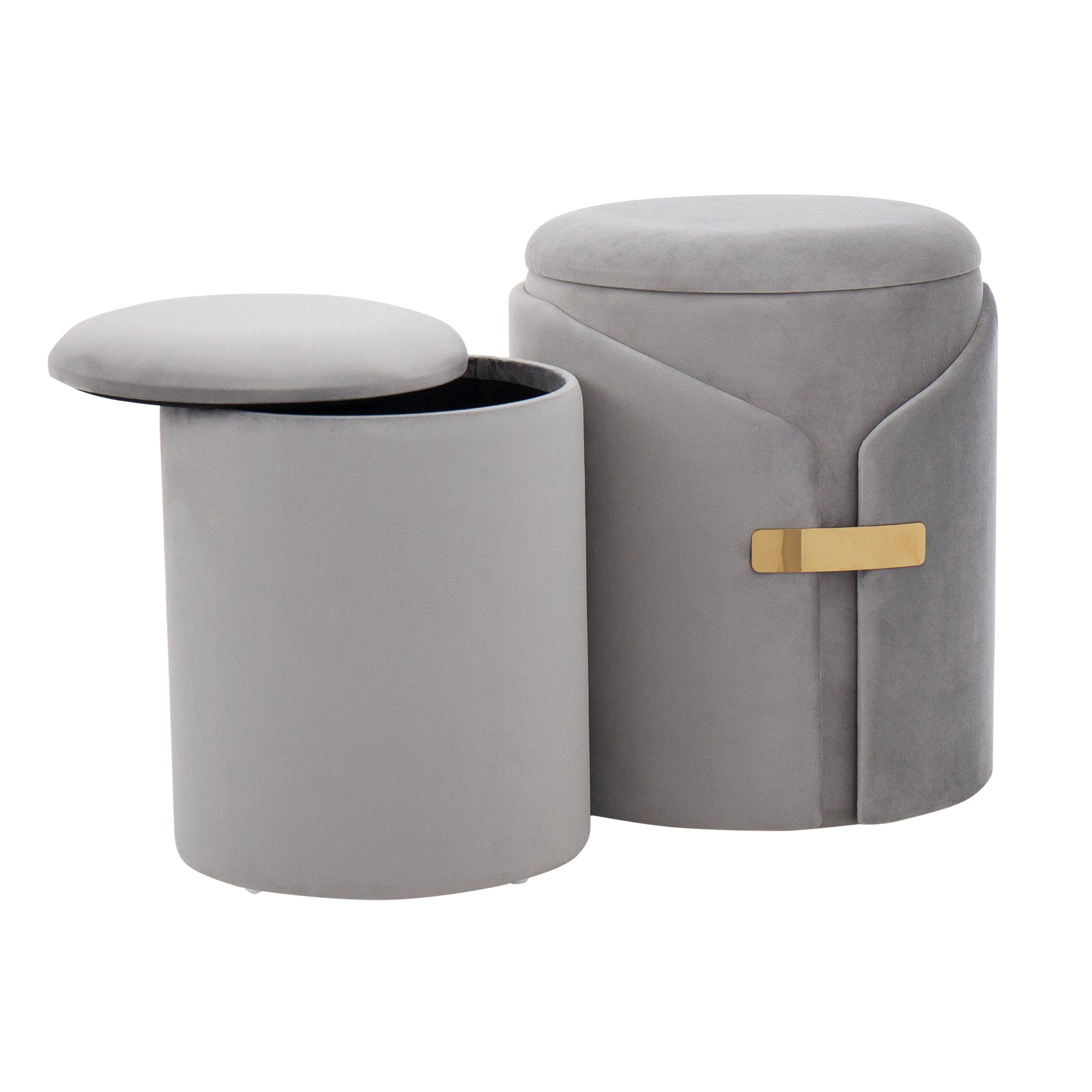 Dahlia Contemporary/Glam Nesting Ottoman Set in Silver Velvet with Gold Metal Accent Pieces by LumiSource