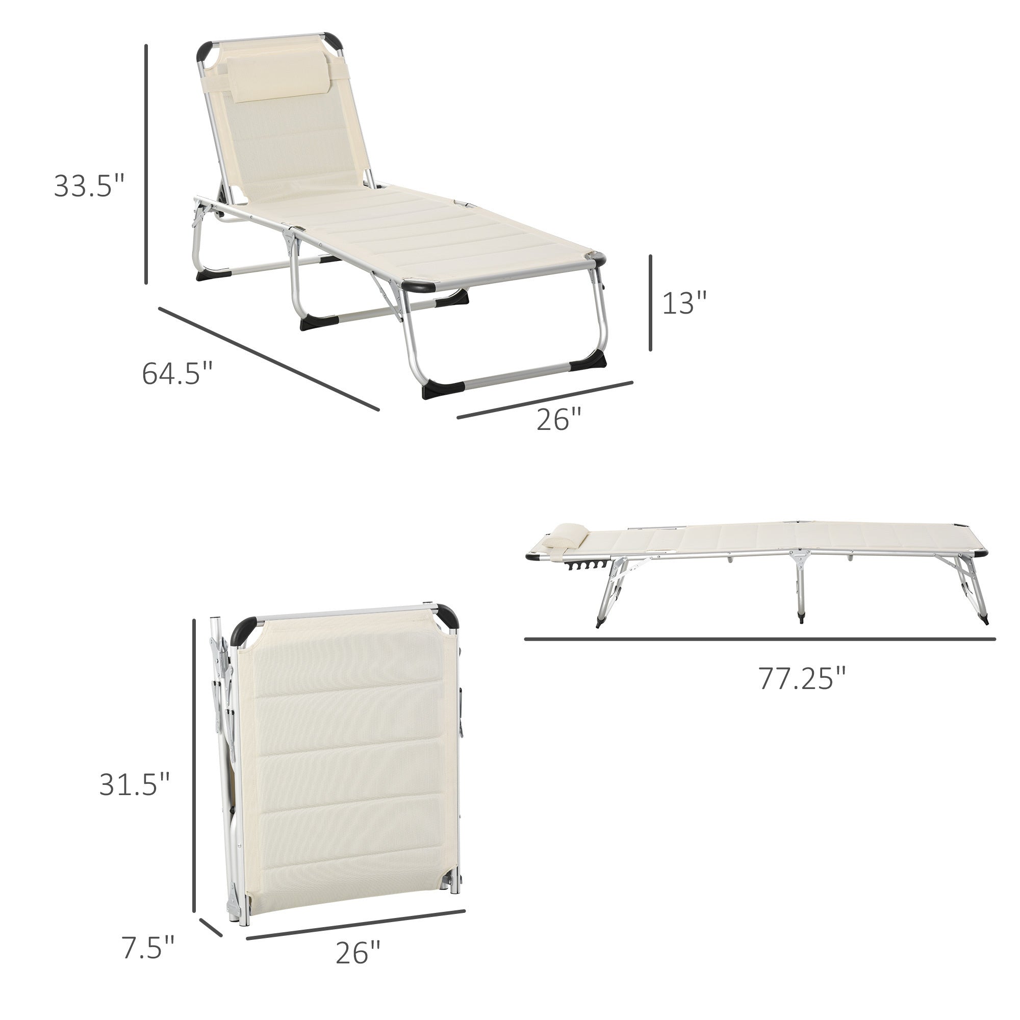 Outsunny Foldable Outdoor Chaise Lounge Chair, 5-Level Reclining Camping Tanning Chair with Aluminum Frame, Padding, and Headrest for Beach, Yard, Patio, Pool, White