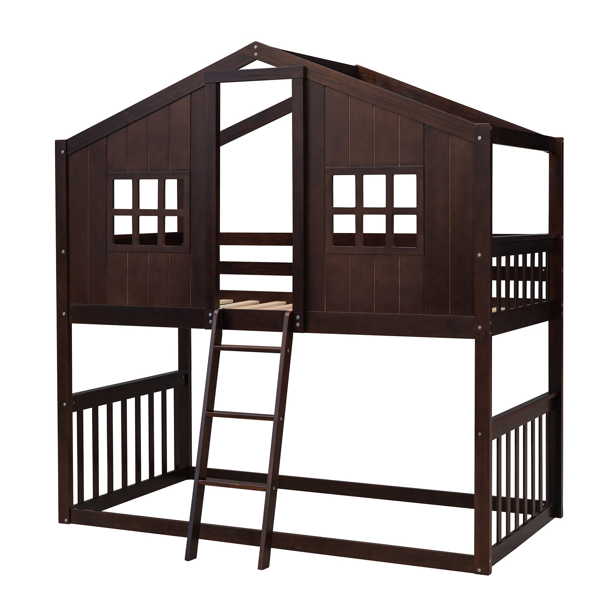 Twin Over Twin House Bunk Bed With Ladder, Wood Bed-Espresso