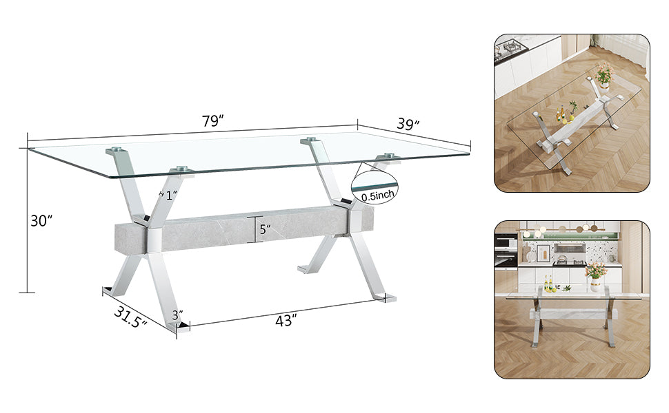 Dining table. Modern tempered glass dining table. Large modern office desk with silver plated metal legs and MDF crossbars, suitable for both home and office use. Kitchen. 79 ''x39''x30 '' 1105