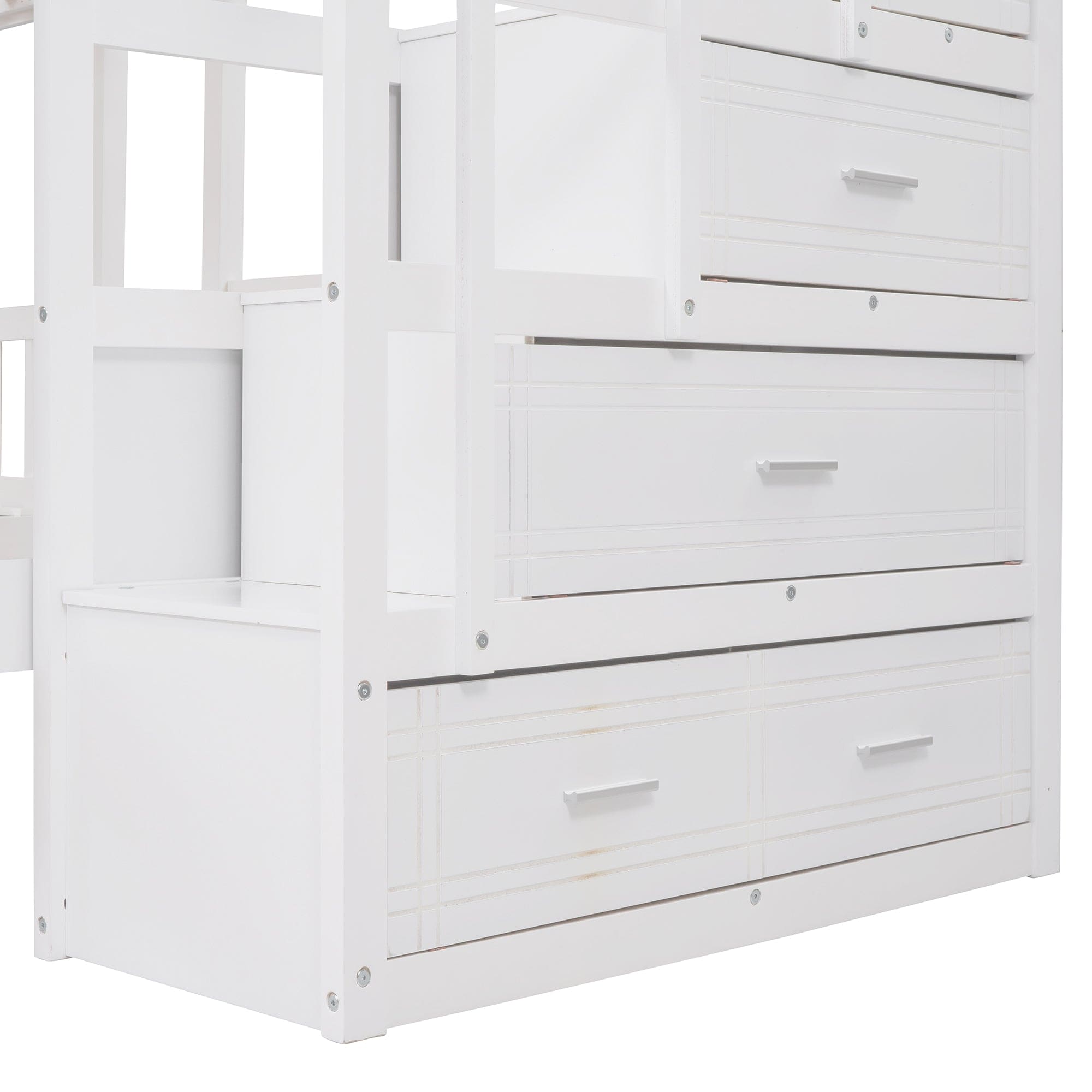 Full Over Twin & Twin Bunk Bed, Wood Triple Bunk Bed with Drawers and Guardrails (White)