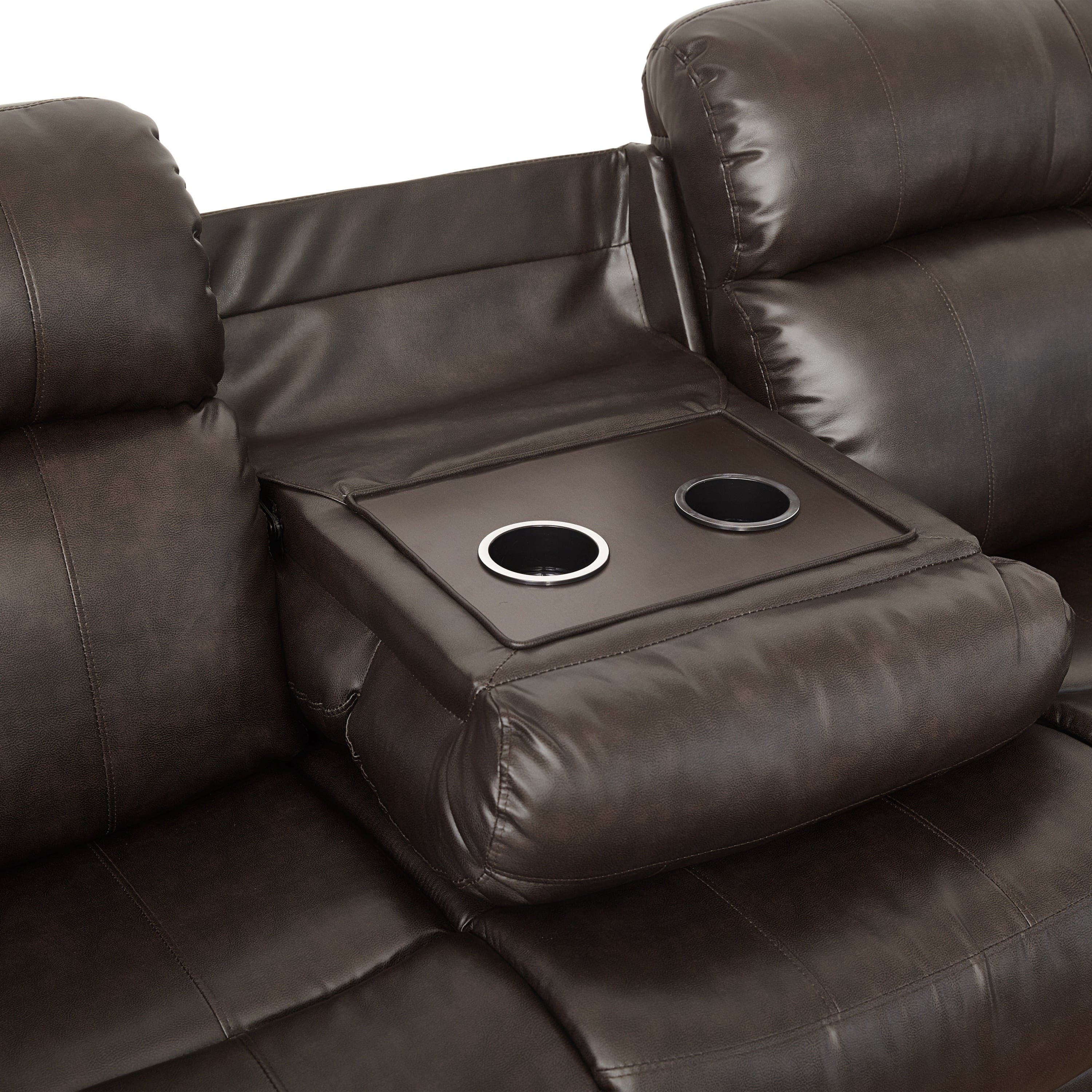 Contemporary Brown Faux Leather Upholstered 1pc Double Reclining Sofa w/ Center Drop-Down Cup Holder Living Room Furniture