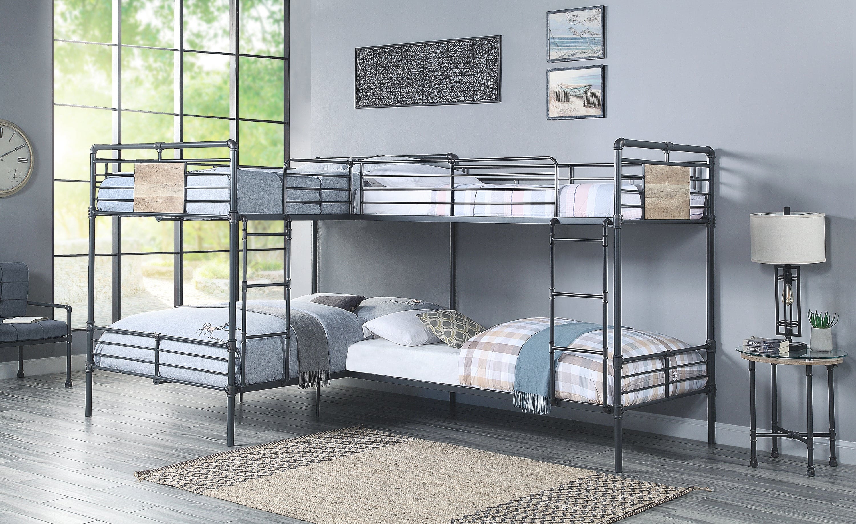 ACME Cordelia Twin/Full L Shape Bunk Bed in Sandy Black, Dark Bronze Hand-Brushed Finish BD00365