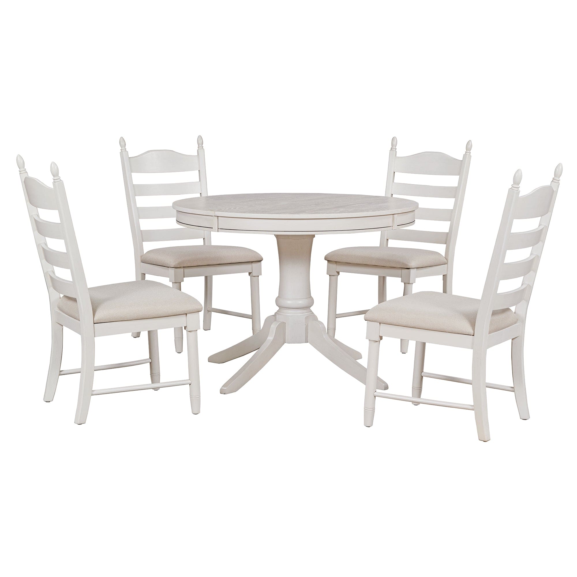 TREXM 5-Piece Retro Functional Dining Table Set Wood Round Extendable Dining Table and 4 Upholstered Dining Chairs (Antique White)