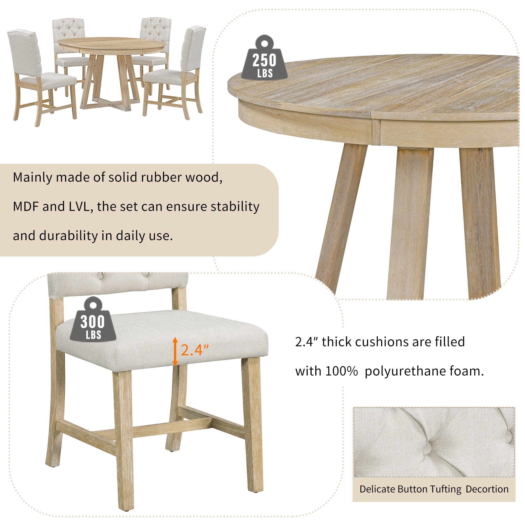 TREXM 5-Piece Retro Functional Dining Set, Round Table with a 16"W Leaf and 4 Upholstered Chairs for Dining Room and Living Room (Natural)