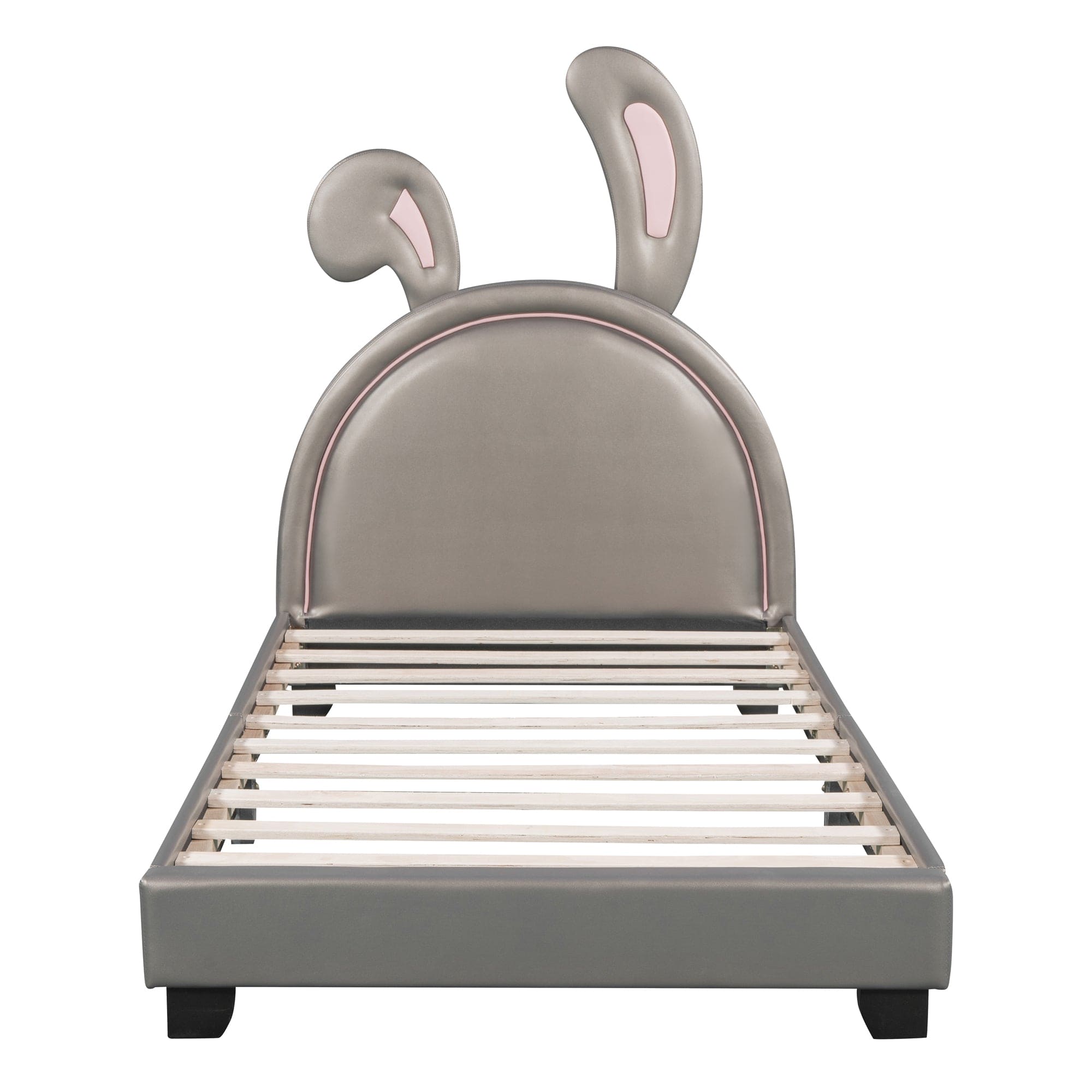 Twin Size Upholstered Leather Platform Bed with Rabbit Ornament, Gray