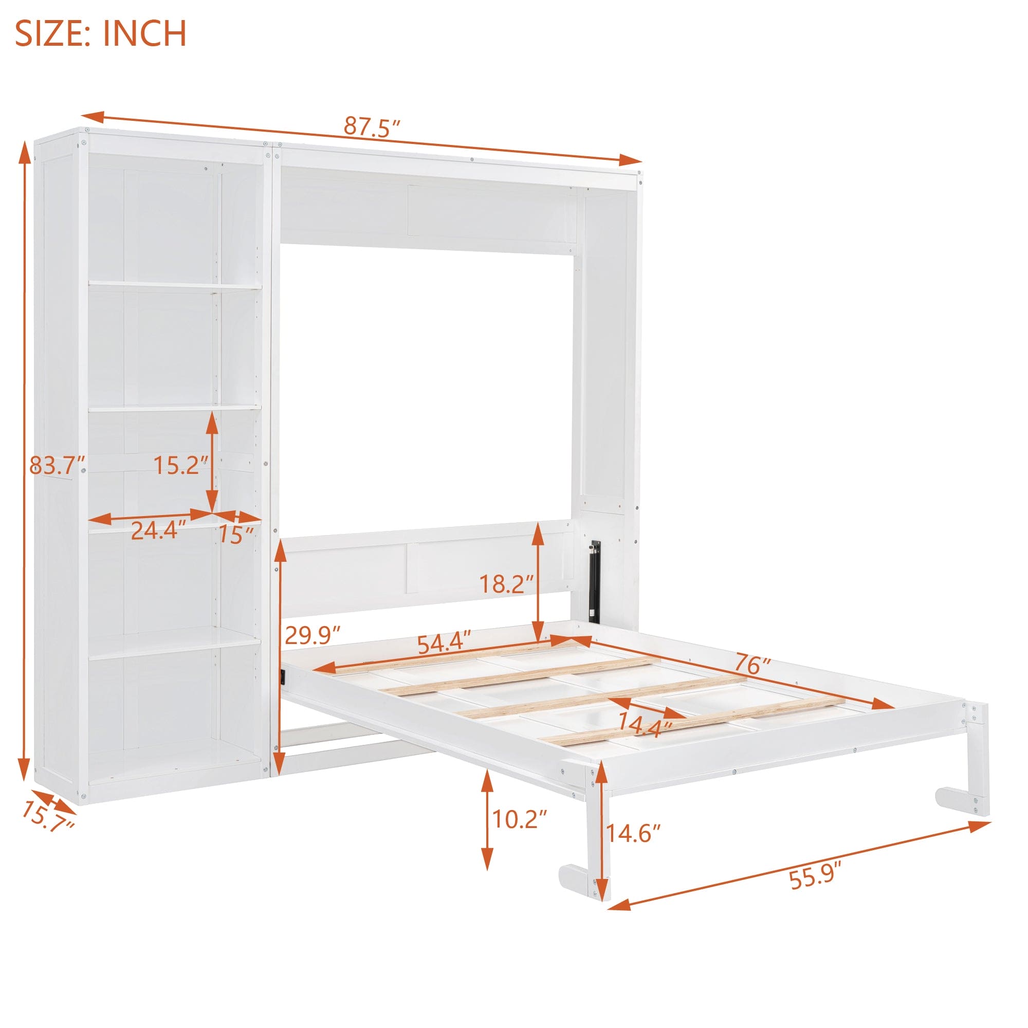 Full Size Murphy Bed Wall Bed with Shelves,White