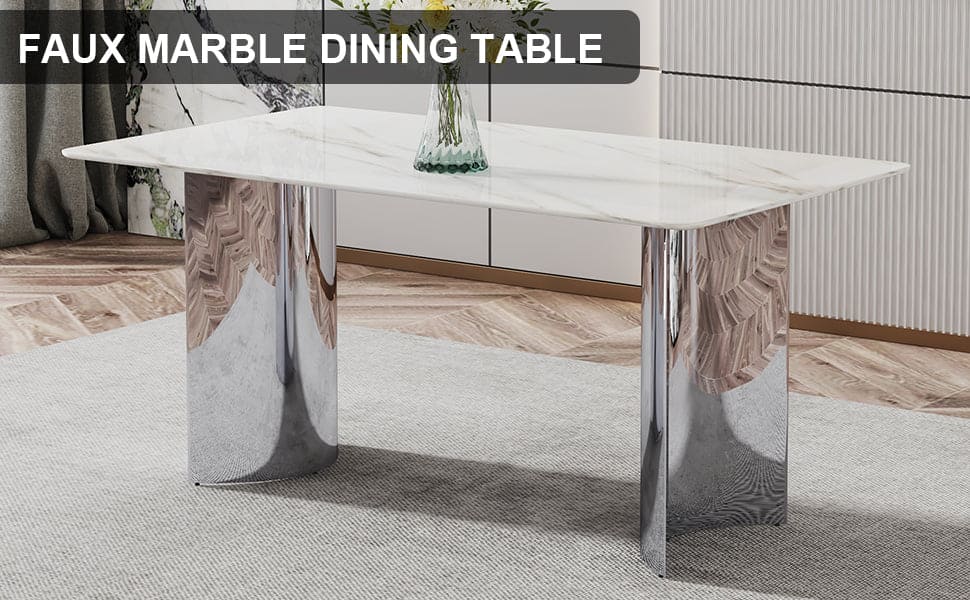 Modern minimalist dining table. White imitation marble glass sticker desktop, stainless steel legs, stable and beautiful. Suitable for living room and dining room  63" *35.4" *29.5"   DT-69