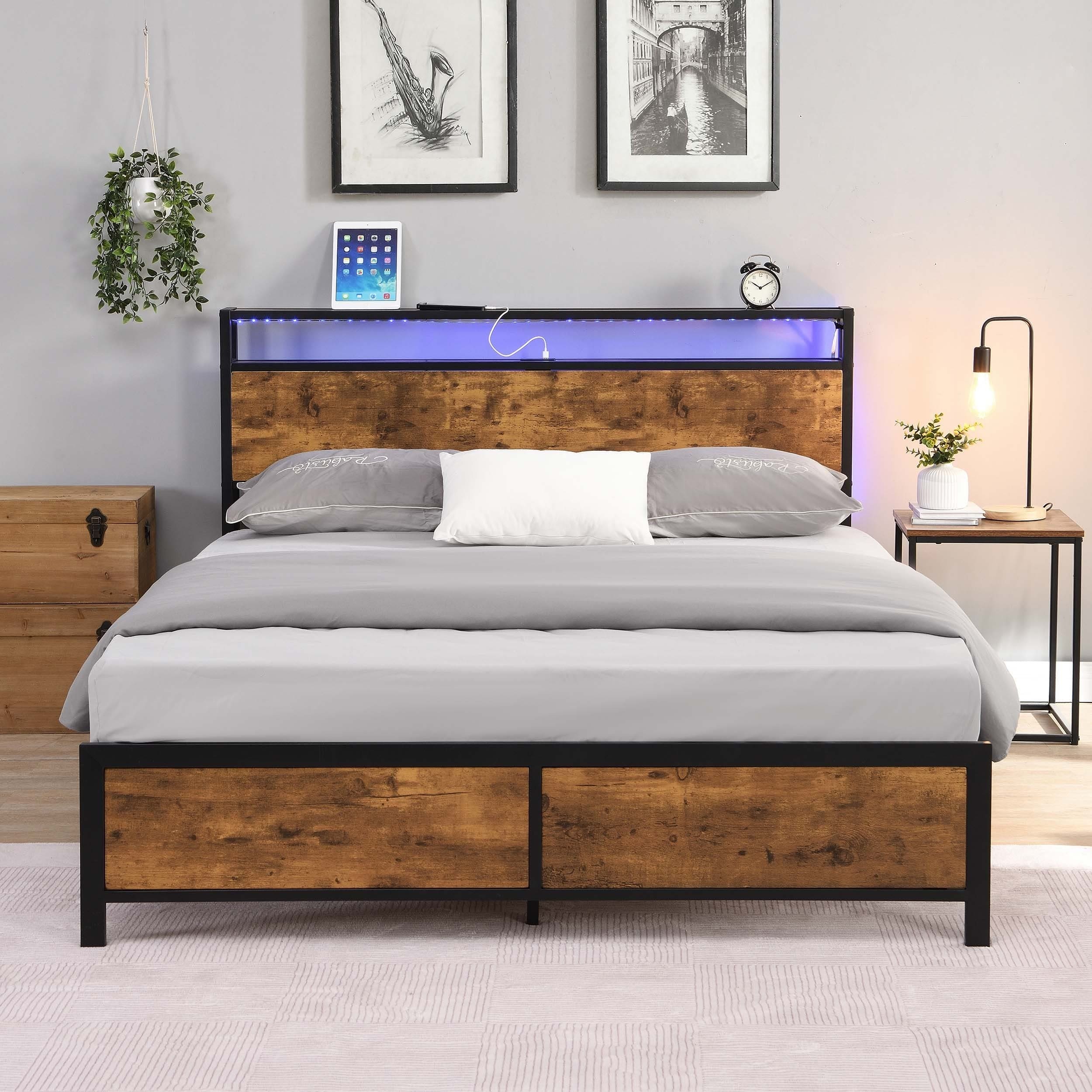 Industrial Queen Bed Frame with LED Lights and 2 USB Ports, Bed Frame Queen Size with Storage, Noise Free, No Box Spring Needed, Rustic Brown