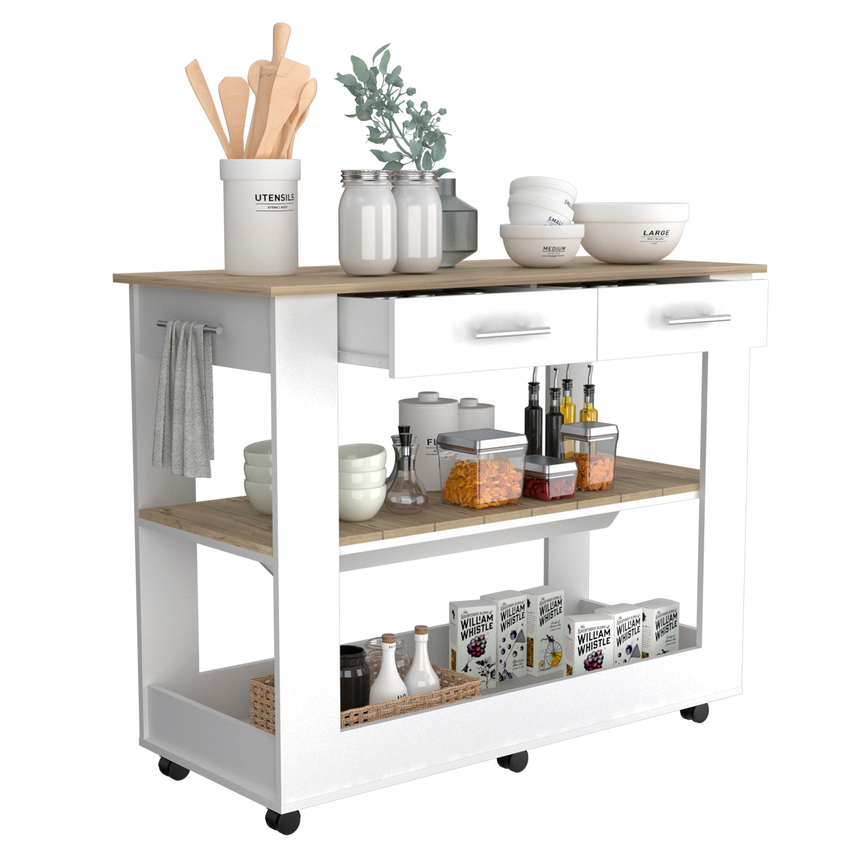 Cala Kitchen Island 46,  Six Casters, Two Drawers, Lower Open Shelf  -White / Light Oak