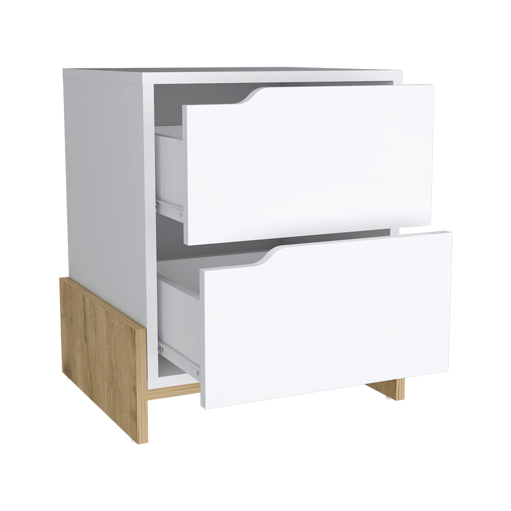 Nightstand Brookland, Bedside Table with Double Drawers and Sturdy Base, White / Macadamia Finish