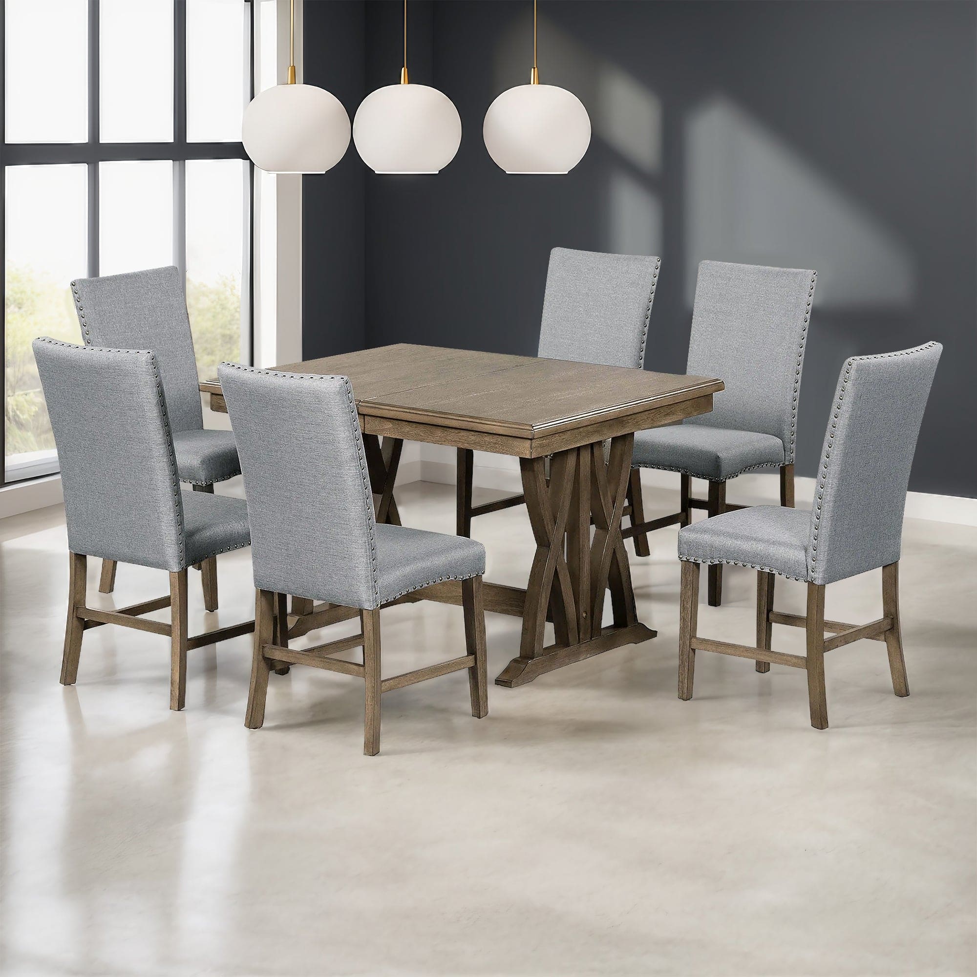 TOPMAX Mid-Century Solid Wood 7-Piece Dining Table Set Extendable Kitchen Table Set with Upholstered Chairs and 12" Leaf for 6, Golden Brown+Gray Cushion