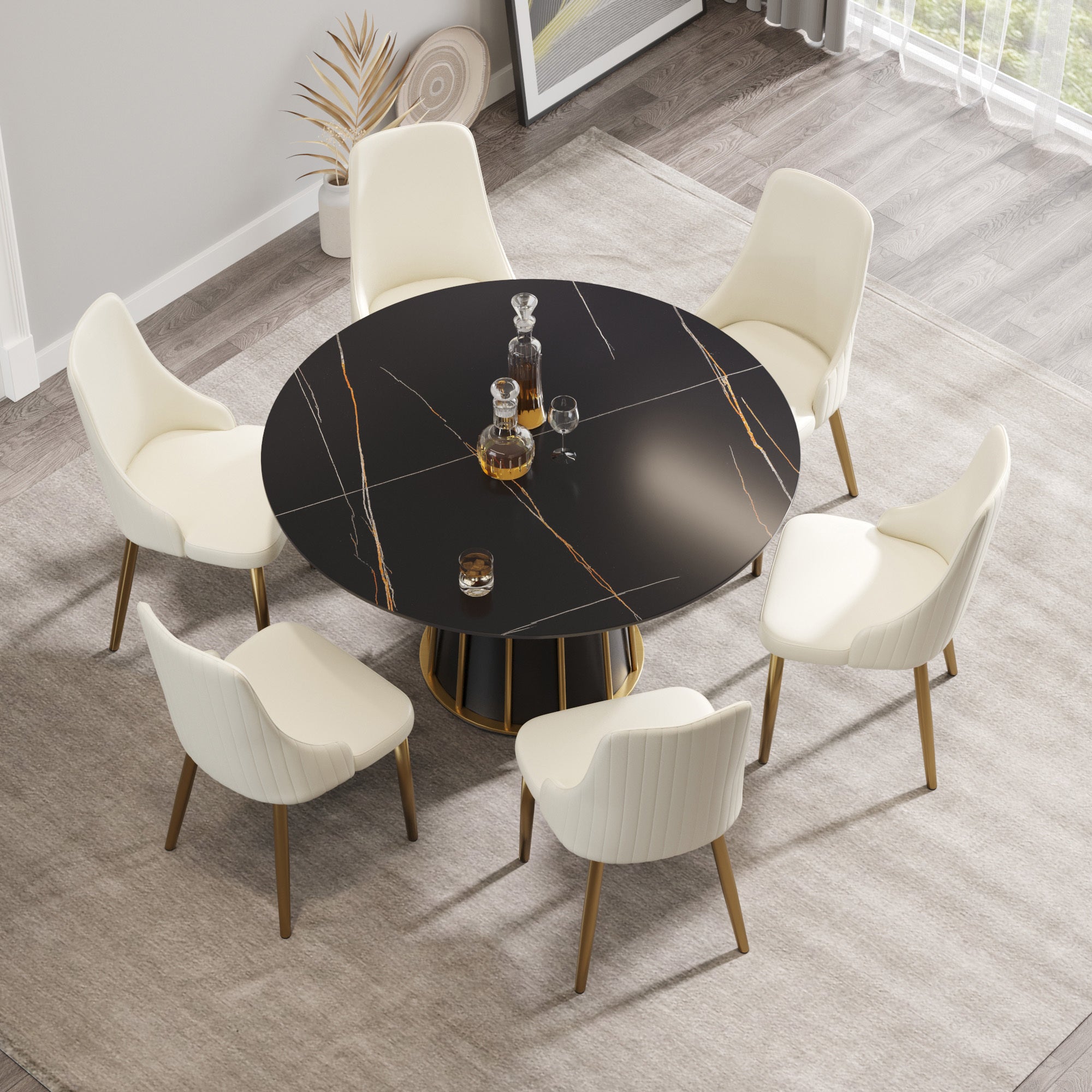 53.15"modern artificial stone round black metal iron base dining table-can accommodate 6 people.(Not including chairs.)