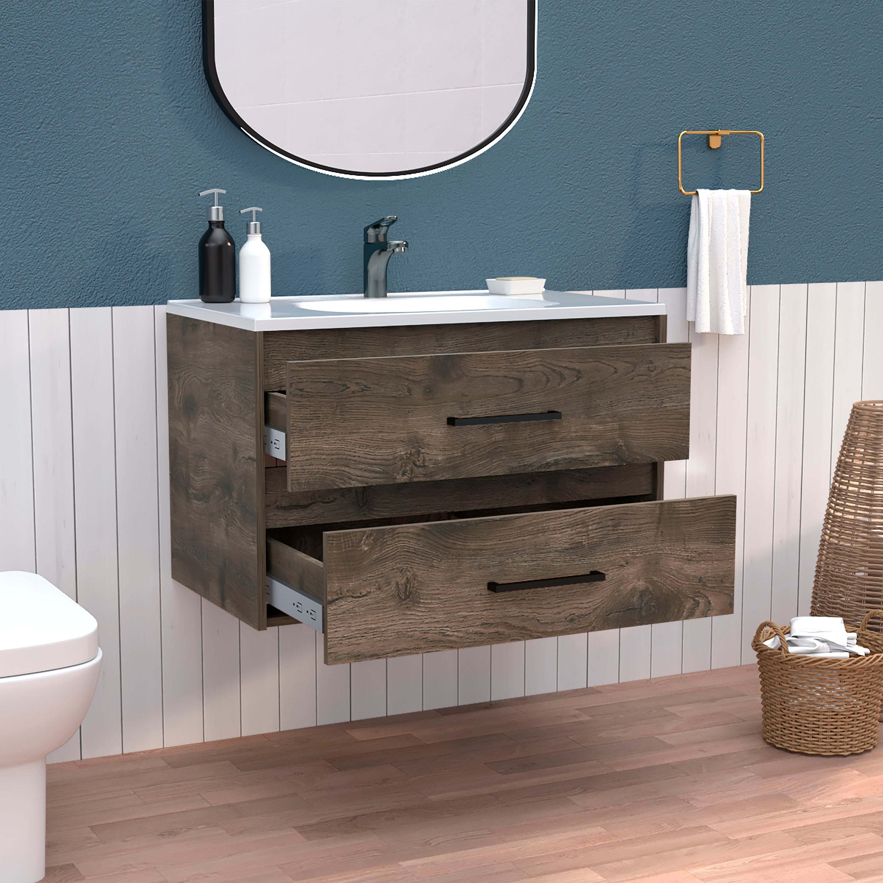 DEPOT E-SHOP Cardova Floating Vanity Bathroom with 2-Drawers, Dark Brown / White