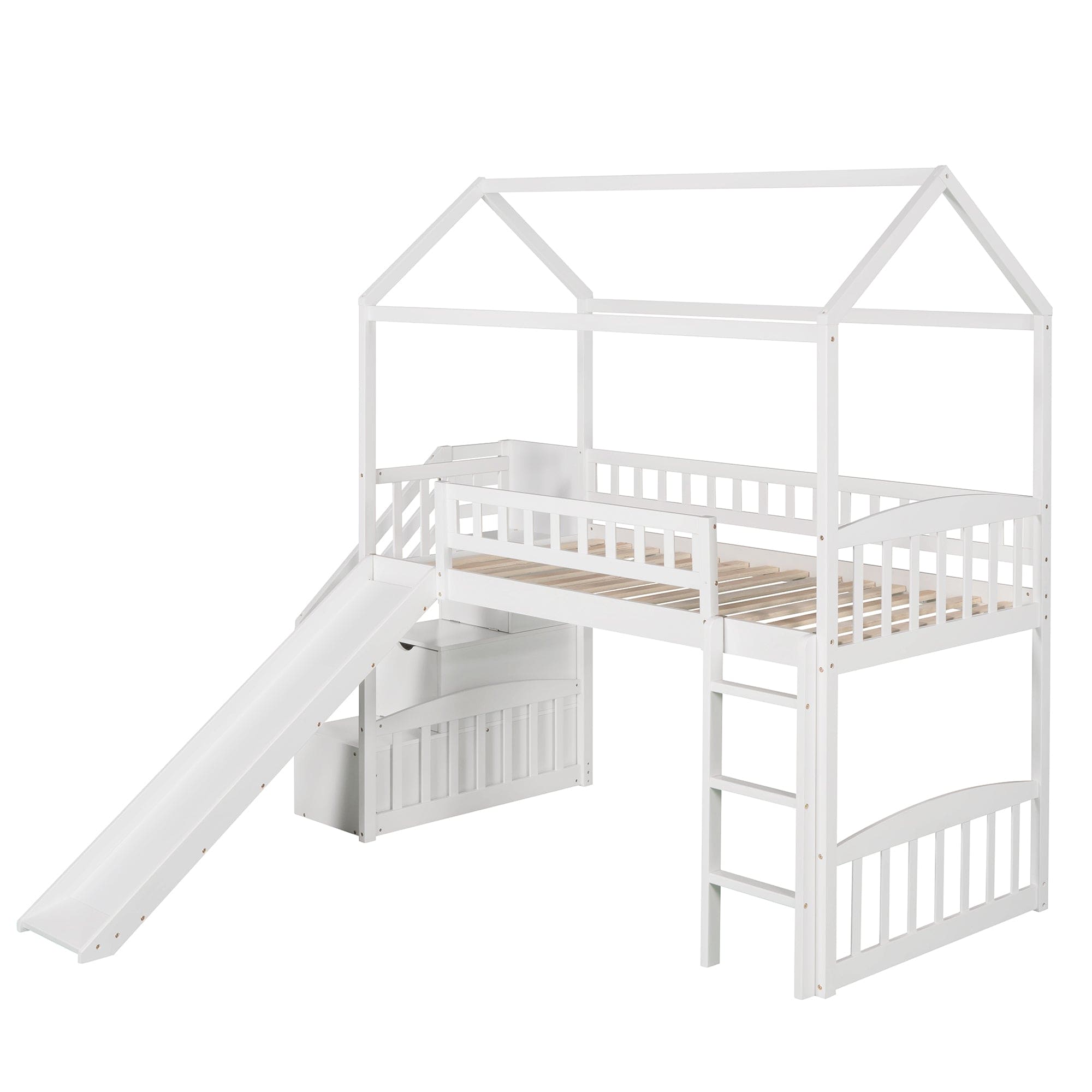 Twin Loft Bed with Two Drawers and Slide, House Bed with Slide, White (Old SKU: LP000130AAK)