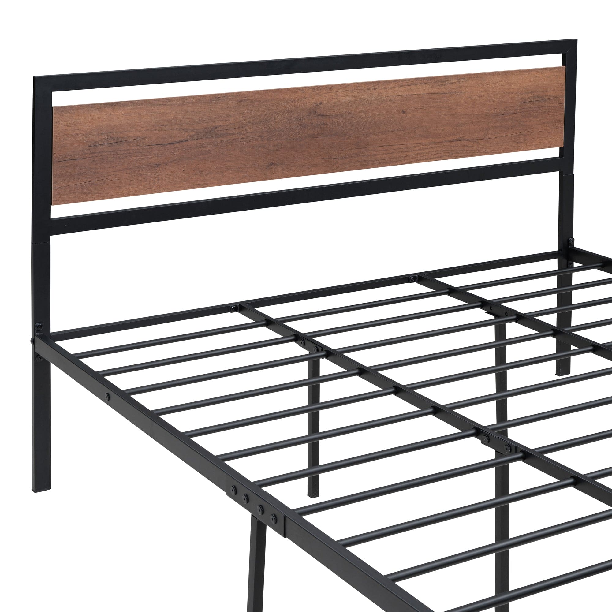 Queen Size Platform Bed, Metal and Wood Bed Frame with Headboard and Footboard , Black