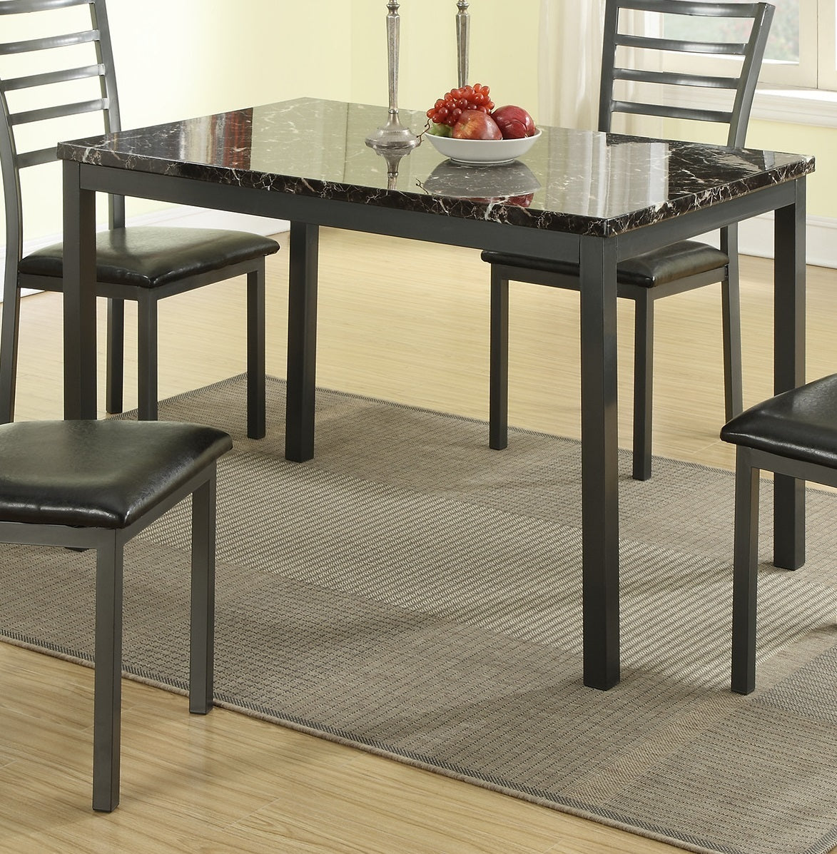 Modern Simple Dining Room Furniture 5pc Dining Set Table And 4x Chairs Faux Marble Top table Black Faux Leather Chairs