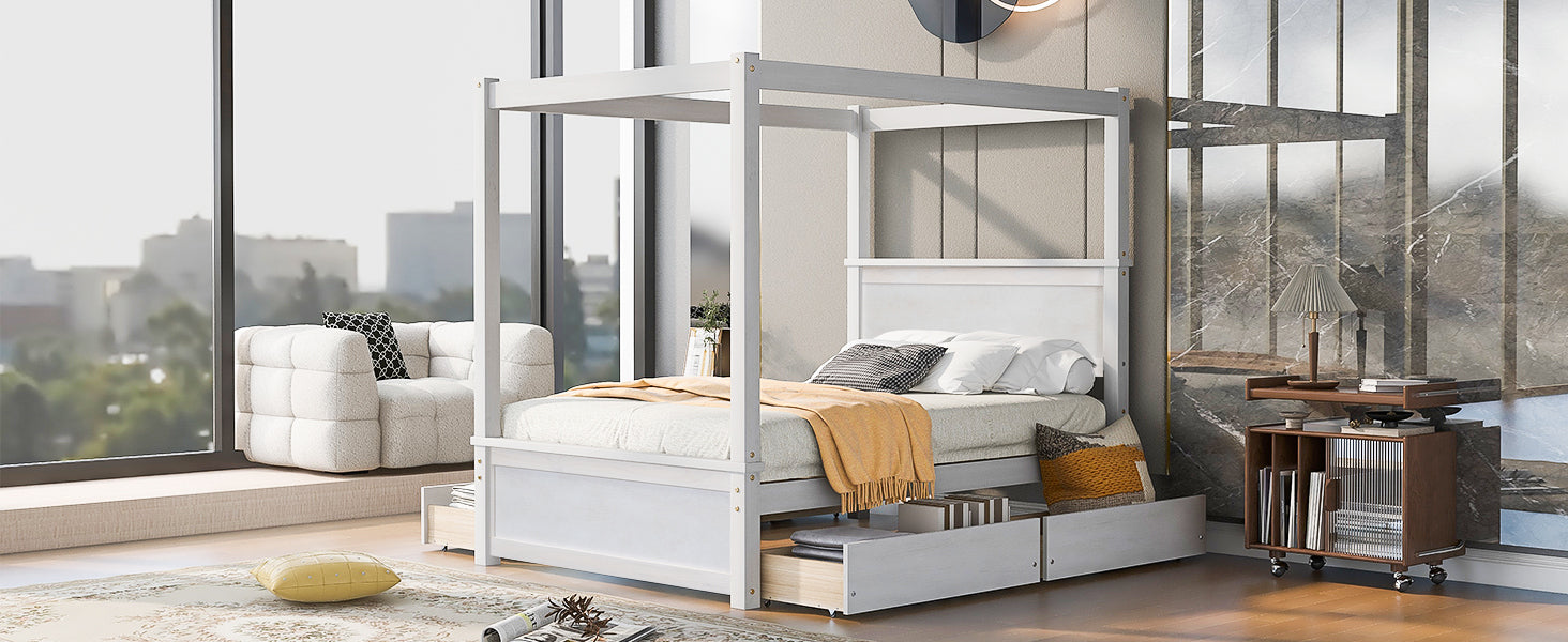 Wood Canopy Bed with four Drawers ,Full Size Canopy Platform Bed With Support Slats .No Box Spring Needed, Brushed White