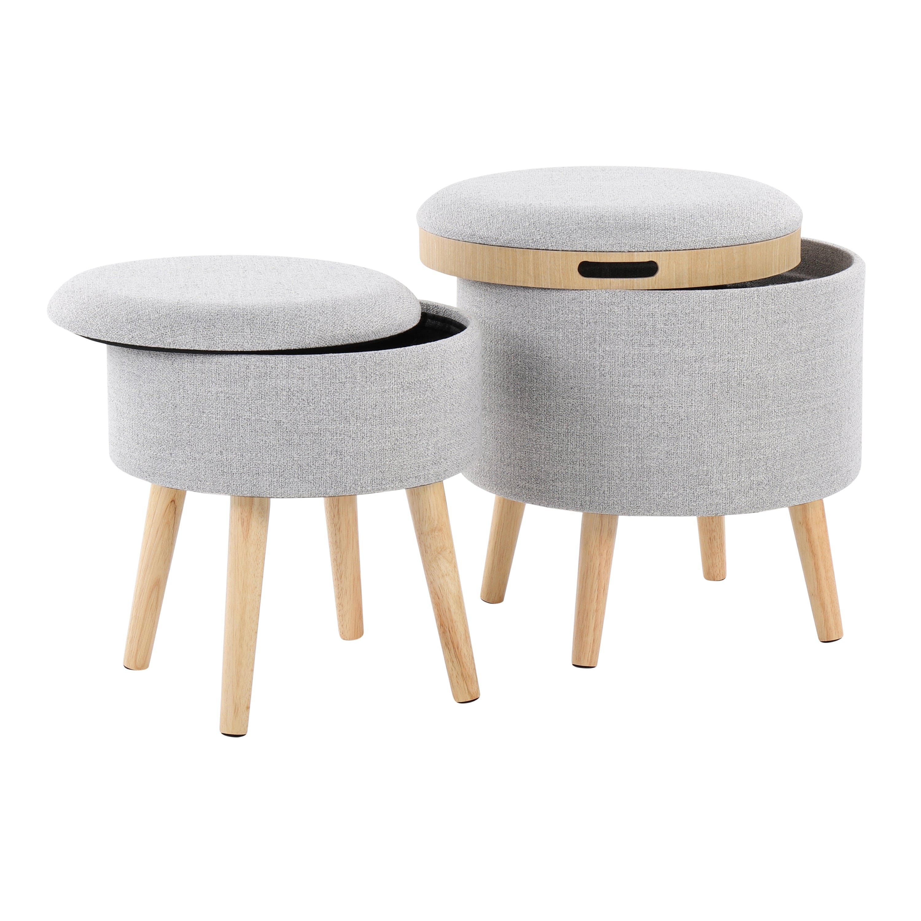 Tray Contemporary Storage Ottoman with Matching Stool in Light Grey Fabric and Natural Wood Legs by LumiSource