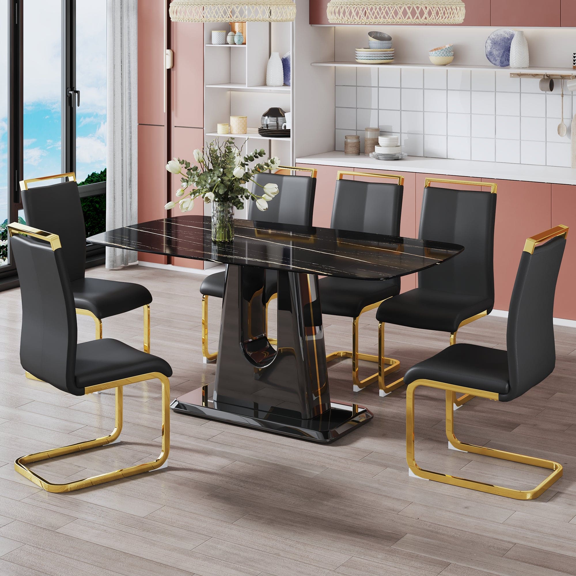 1 table and 6 chairs. Modern, simple and luxurious black imitation marble rectangular dining table and desk with 6 black PU gold plated leg chairs 63'' x 35.4'' X 30''