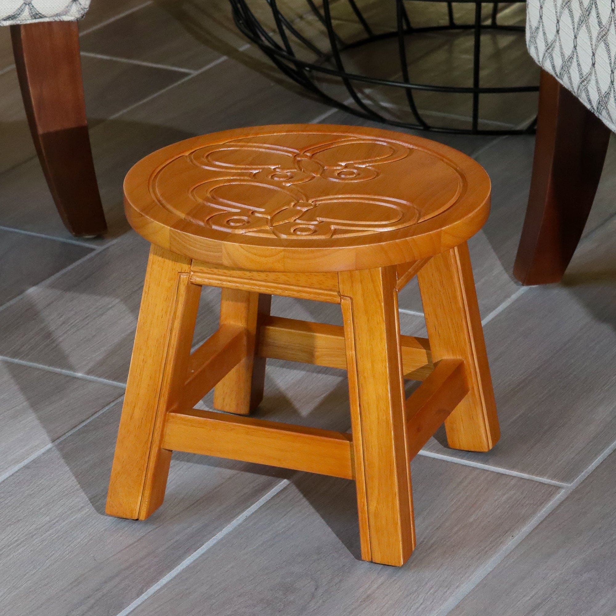 Carved Wooden Step Stool, Butterflies, Natural