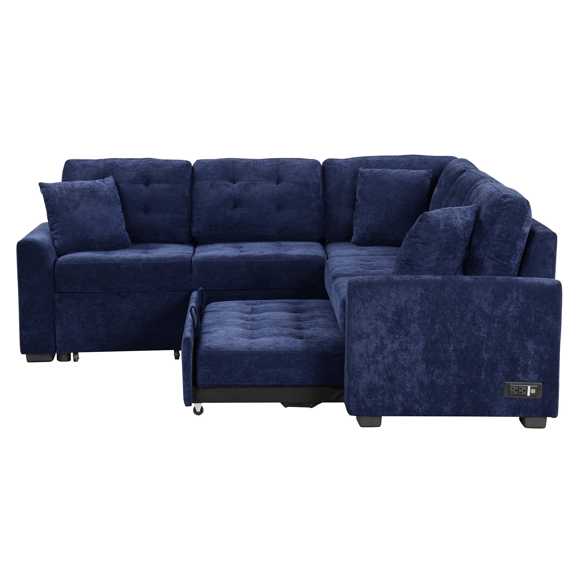 82.6" L-shape Sofa Bed Pull-out Sleeper Sofa with Wheels, USB Ports, Power Sockets for Living Room, Navy Blue