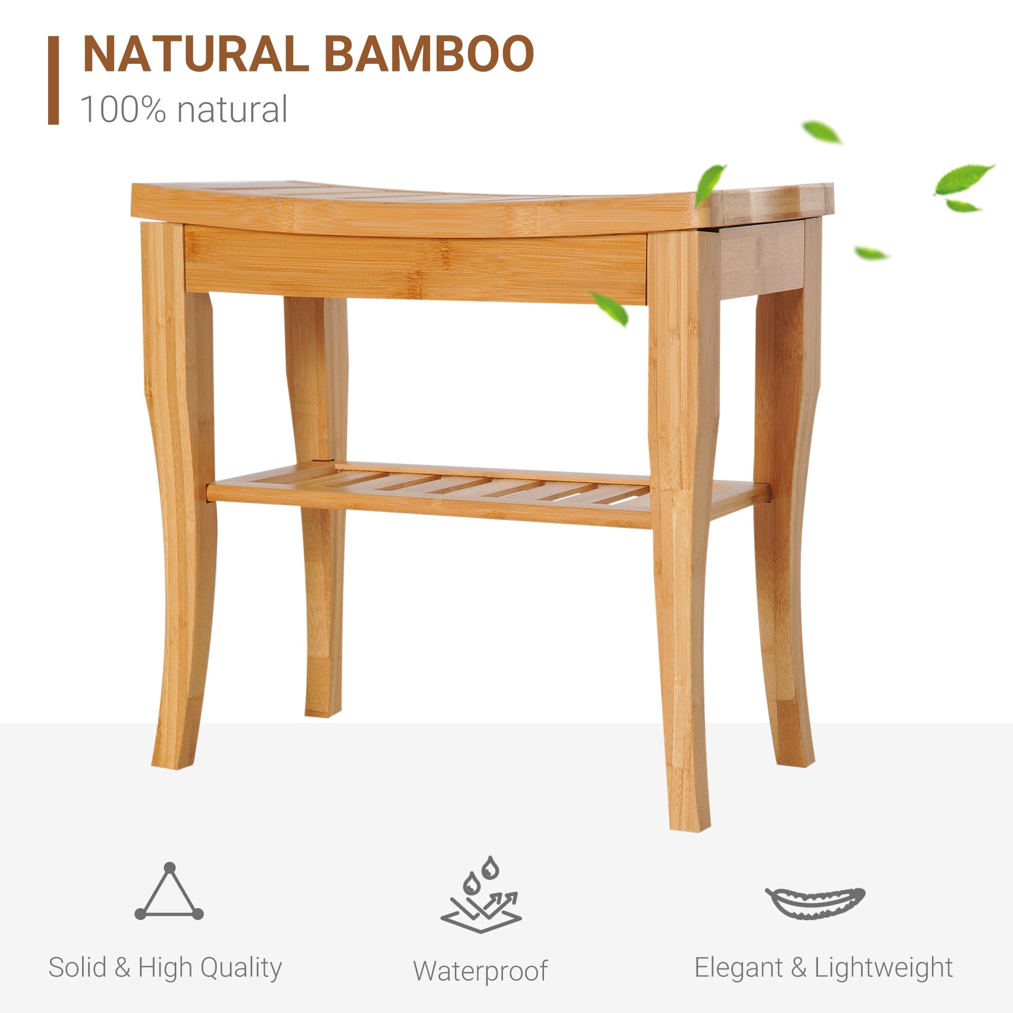 HOMCOM Long Bamboo Shower Bench Seat, 20" Wooden Spa Shower Stool with Underneath Storage Shelf Shoe Organizer