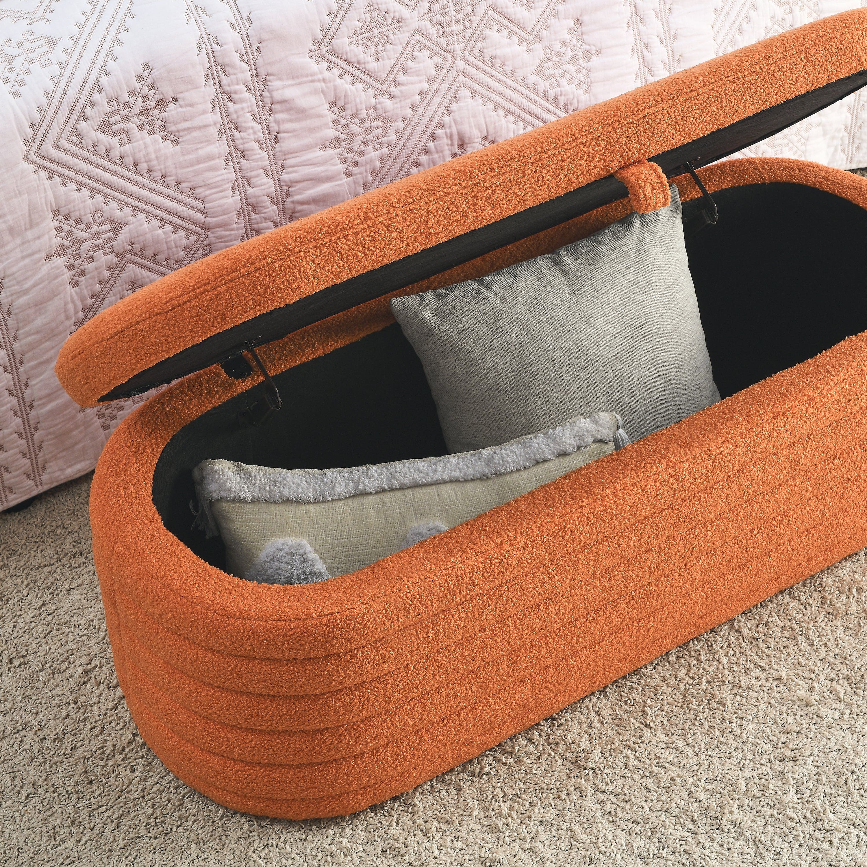 [Video] Welike Length 45.5 inchesStorage Ottoman Bench Upholstered Fabric Storage Bench End of Bed Stool with Safety Hinge for Bedroom, Living Room, Entryway, orange teddy.