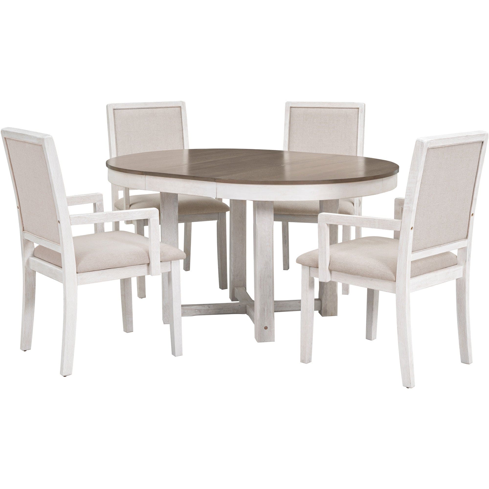 TREXM 5-Piece Dining Table Set, Two-Size Round To Oval Extendable Butterfly Leaf Wood Dining Table and 4 Upholstered Dining Chairs with Armrests (Brown+White)