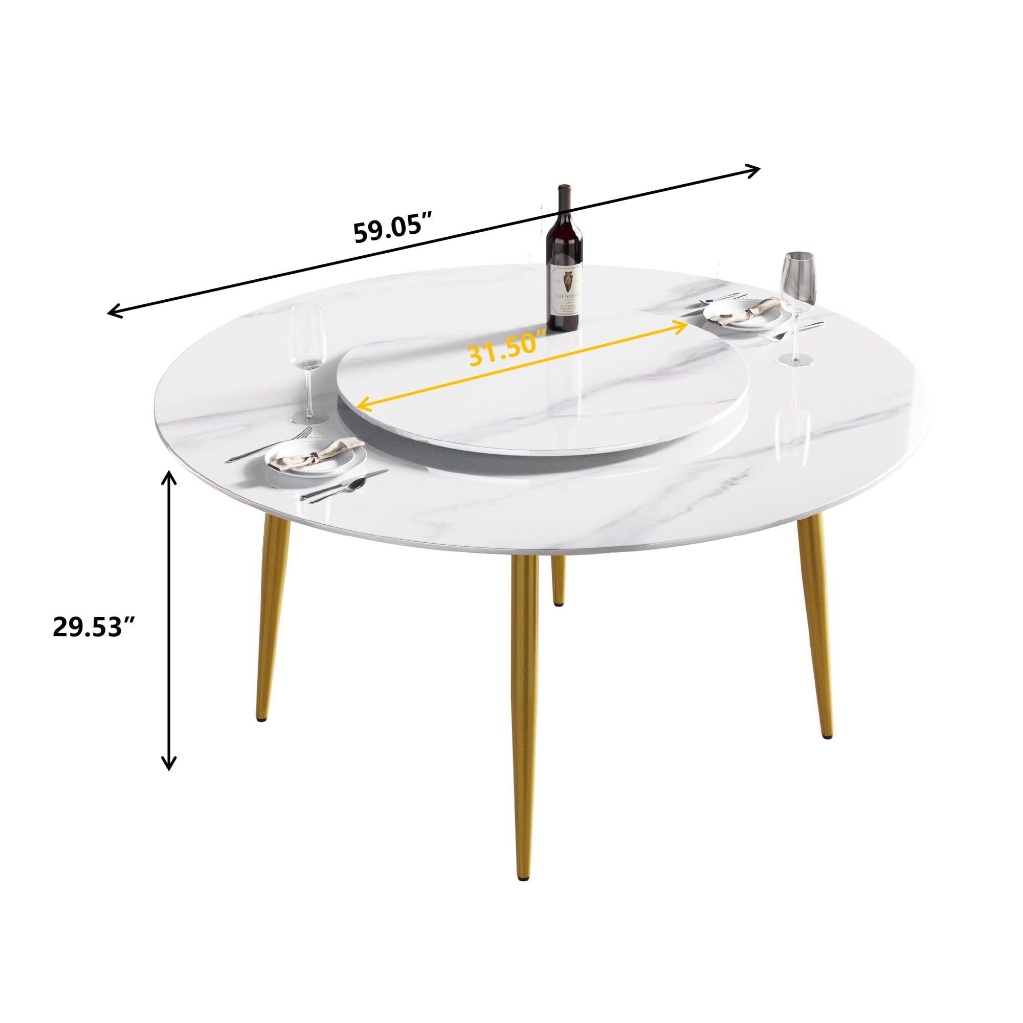 59.05"Modern artificial stone round golden metal dining table-can accommodate 6 people-31.5"white artificial stone turntable