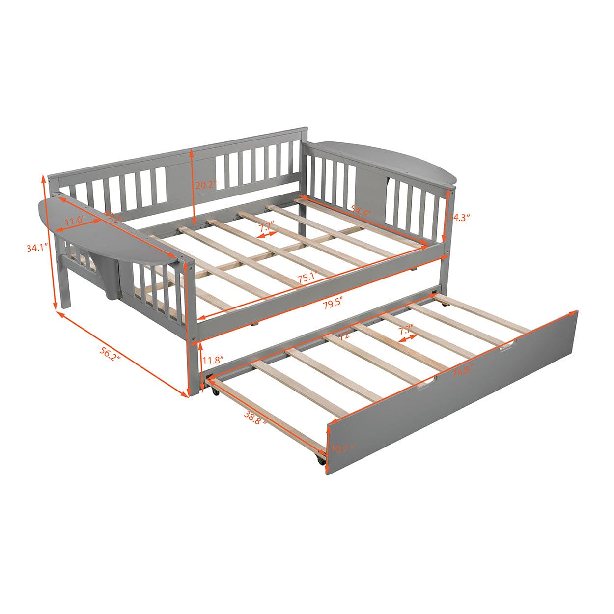 Full size Daybed with Twin size Trundle, Wood Slat Support, Gray