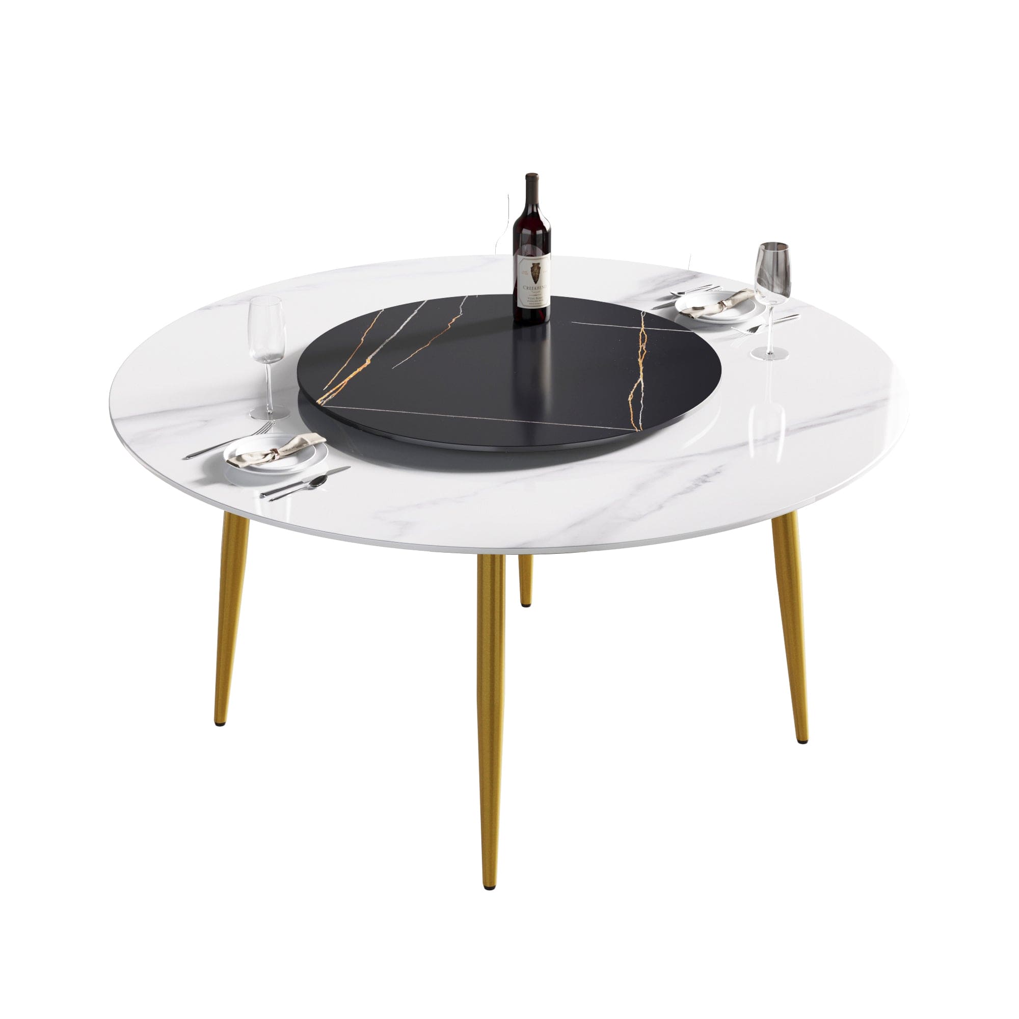 59.05"Modern artificial stone round golden metal dining table-can accommodate 6 people-31.5"black artificial stone turntable